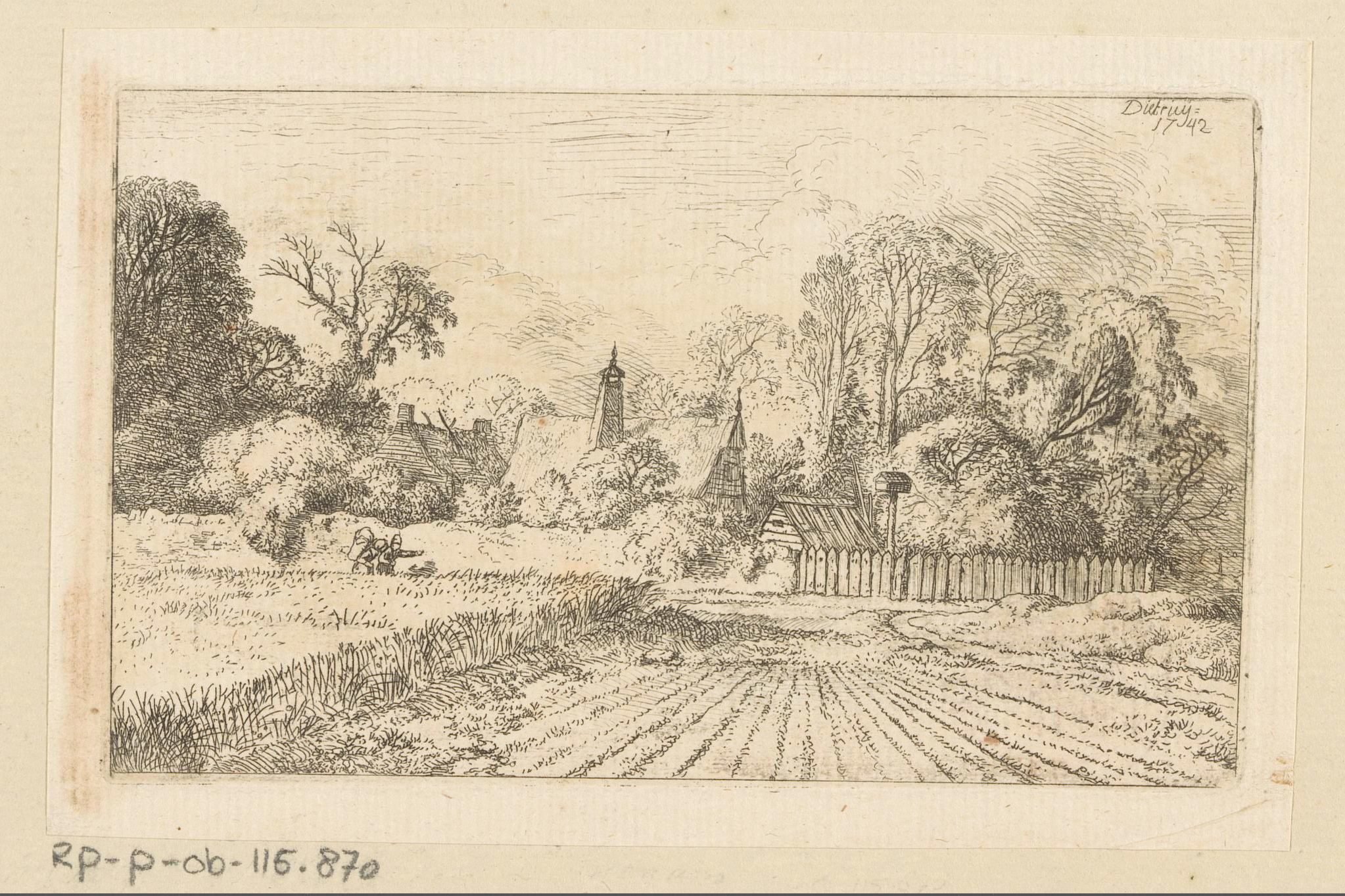 Landschap met korenveld en boerderij in de verte