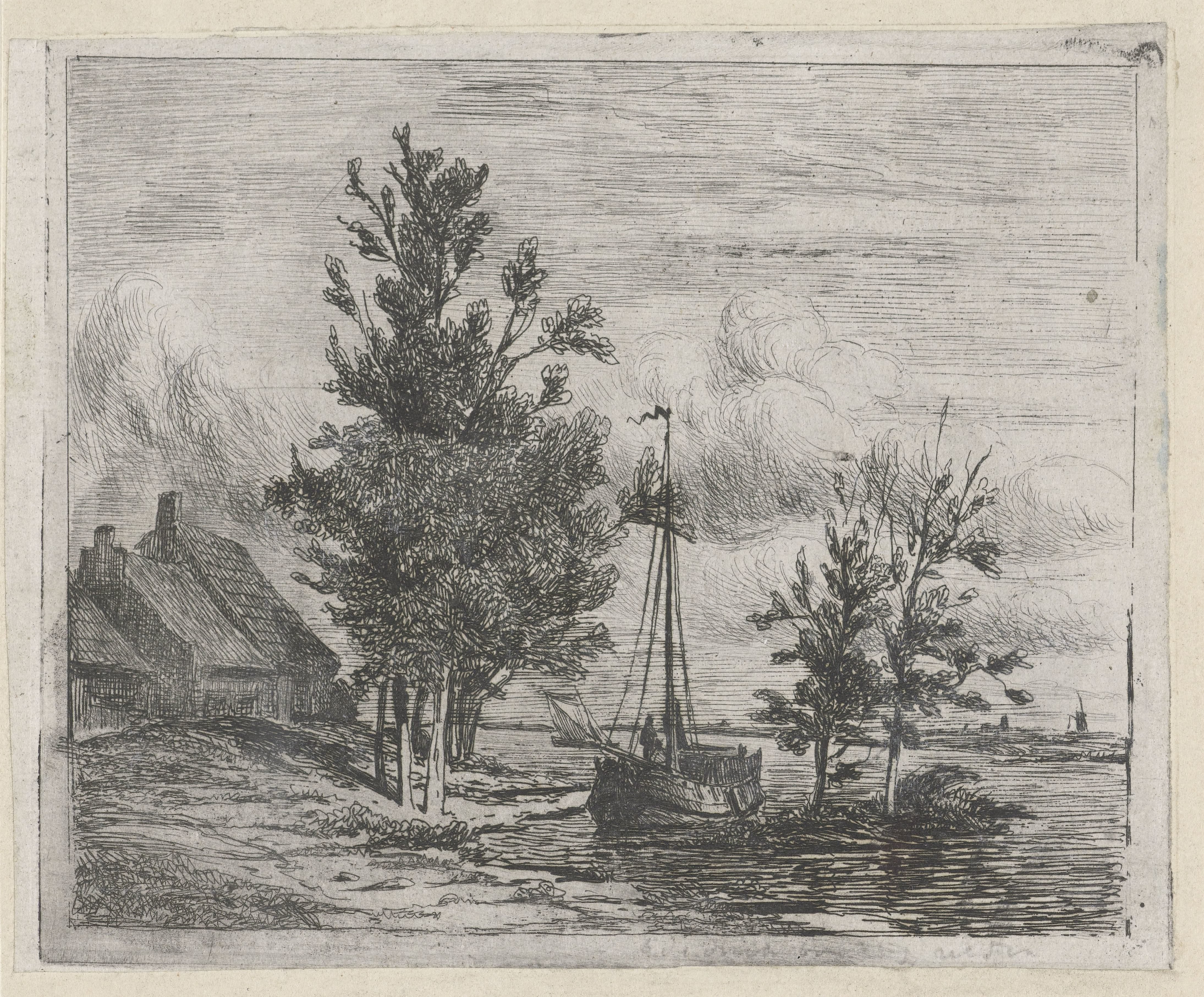 Rivierlandschap met zeilschip en boerderij