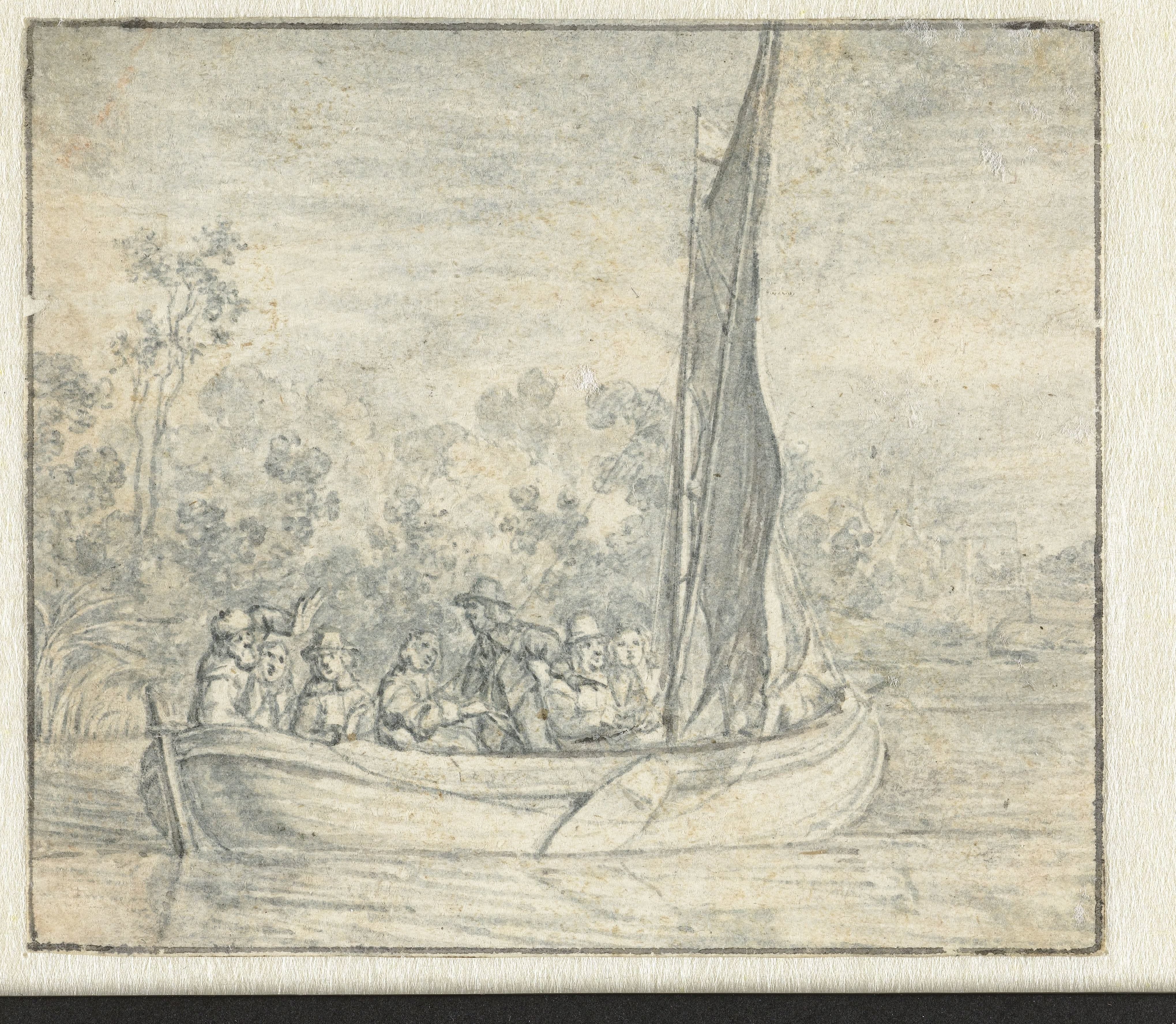 Gezelschap in een zeilbootje op een rivier