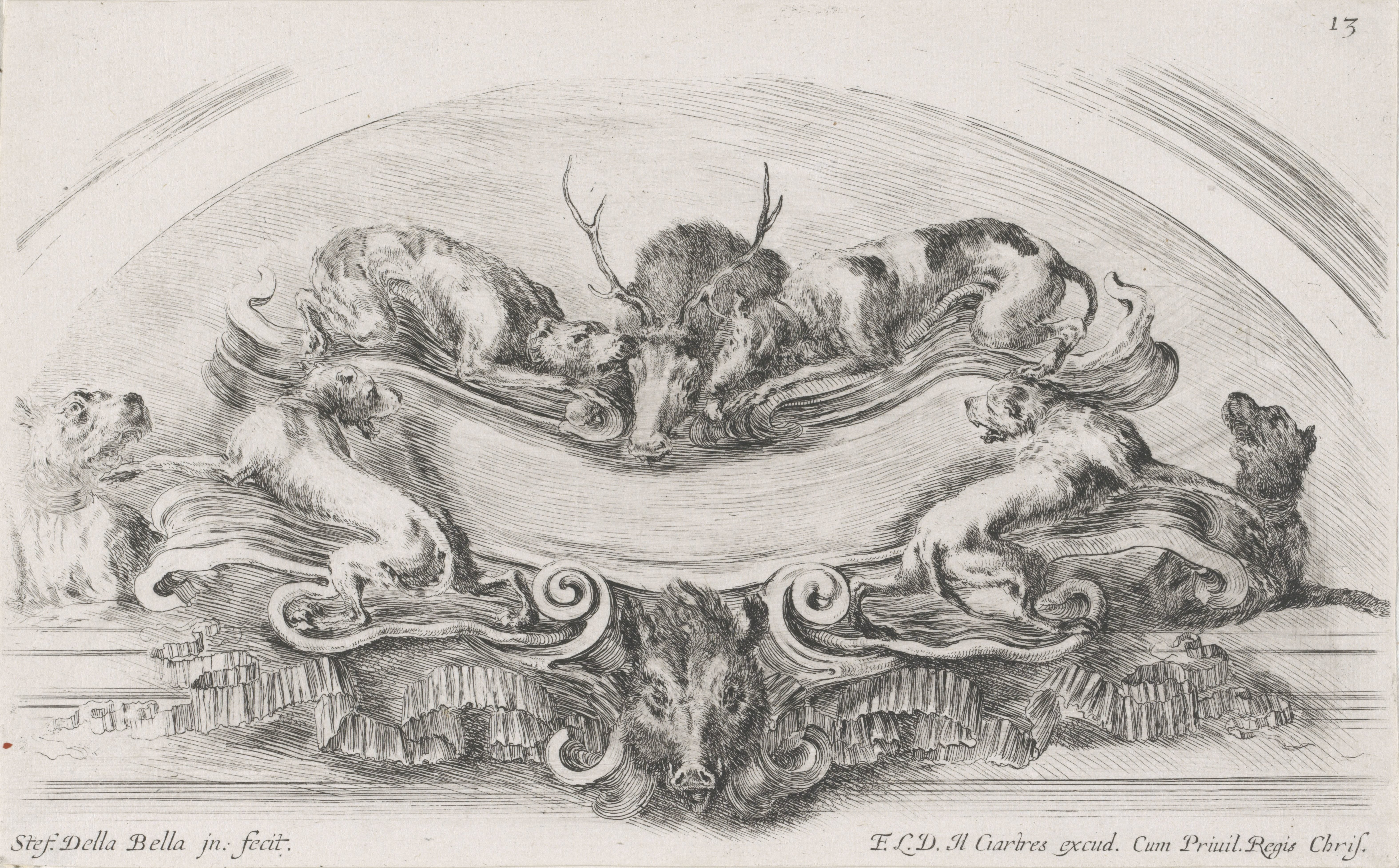 Cartouche met zes jachthonden, een hert en een everzwijn