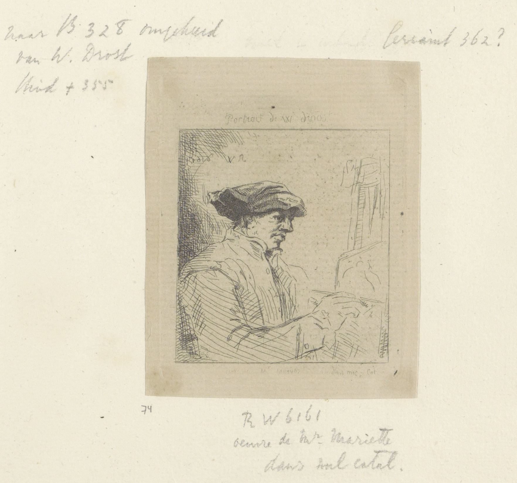 Zelfportret van Willem Drost voor de ezel