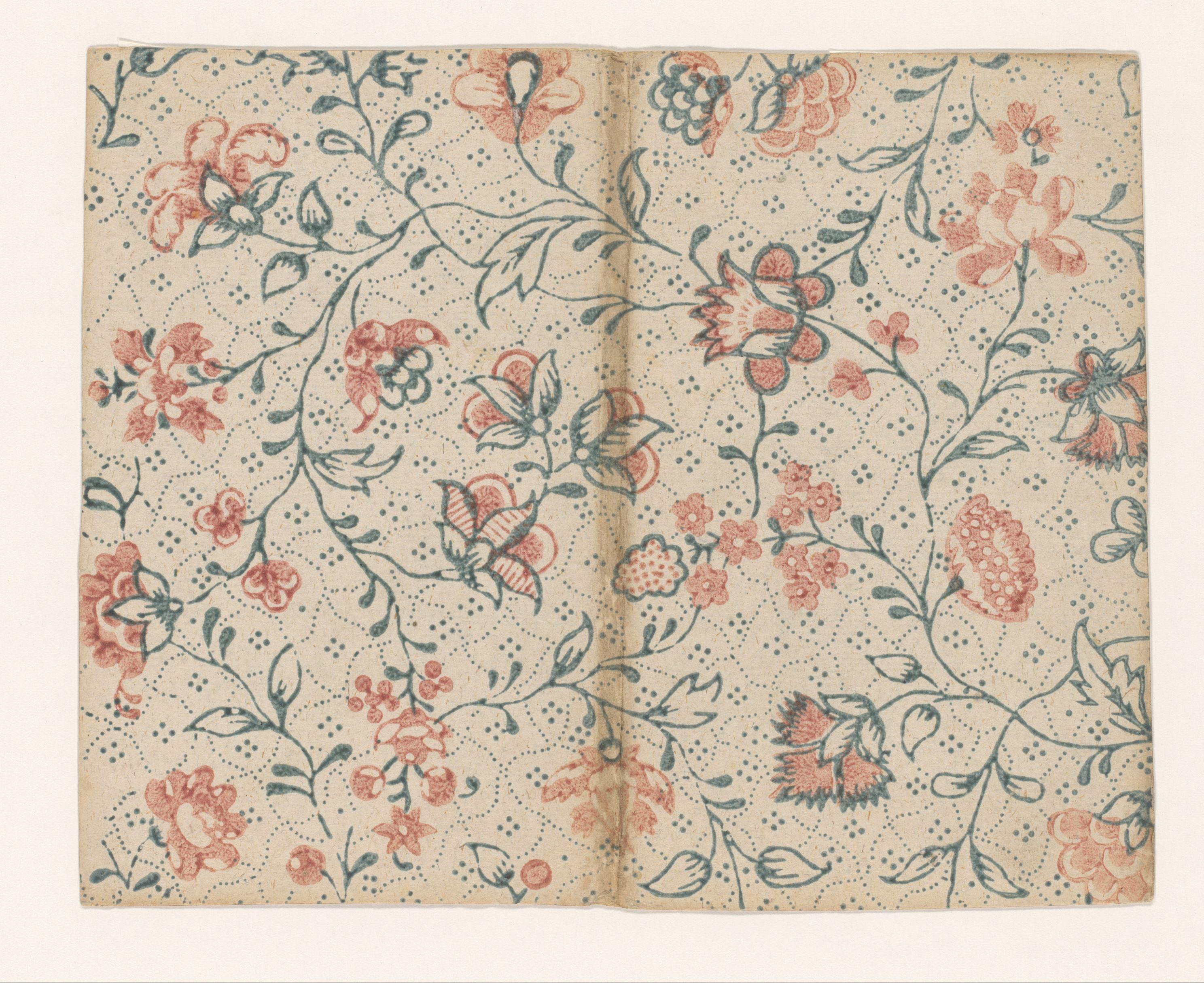 Blad met ranken met bloemen en ruitvormig puntenfond