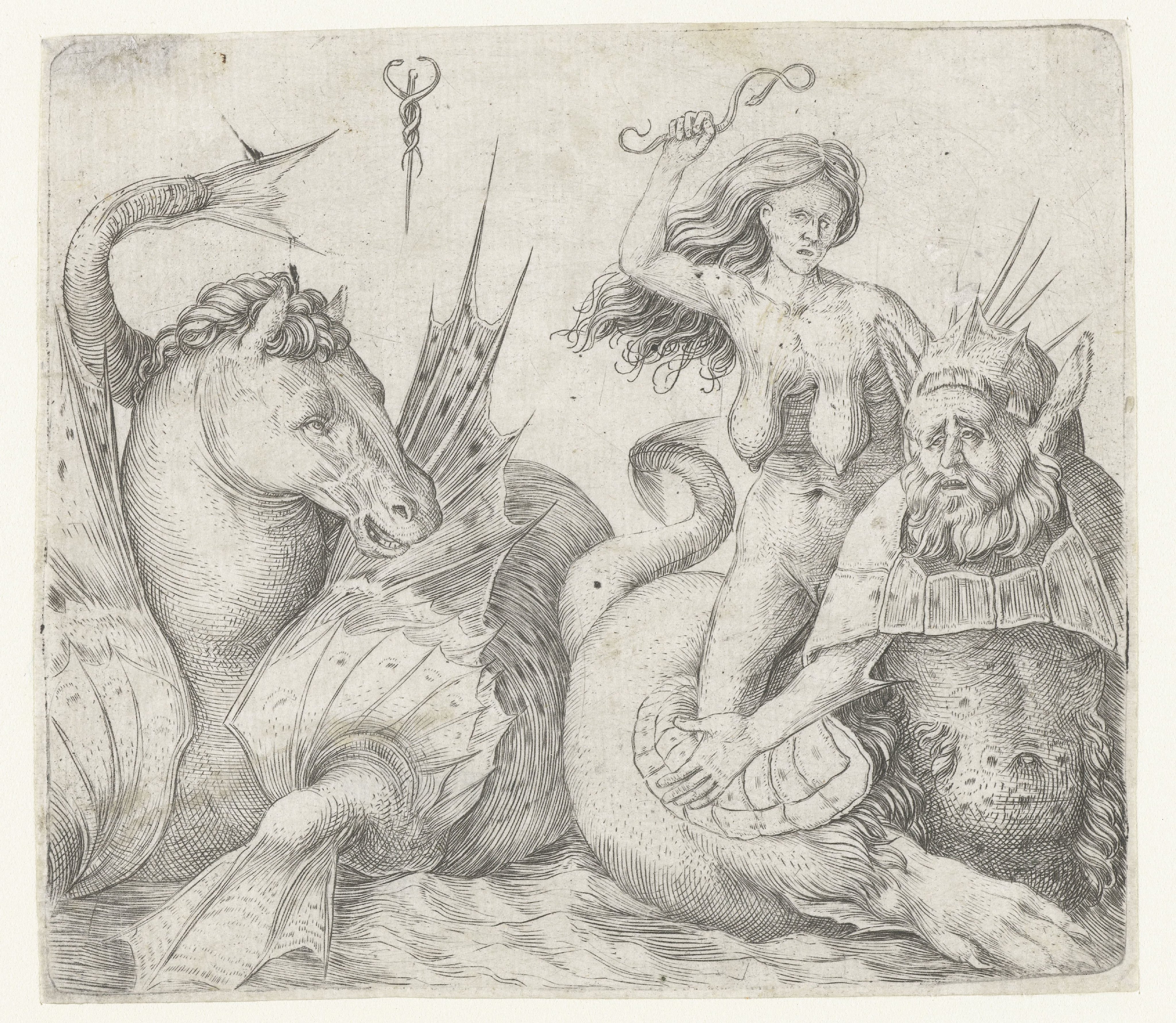 Oude vrouw op rug van triton naast hippocampus