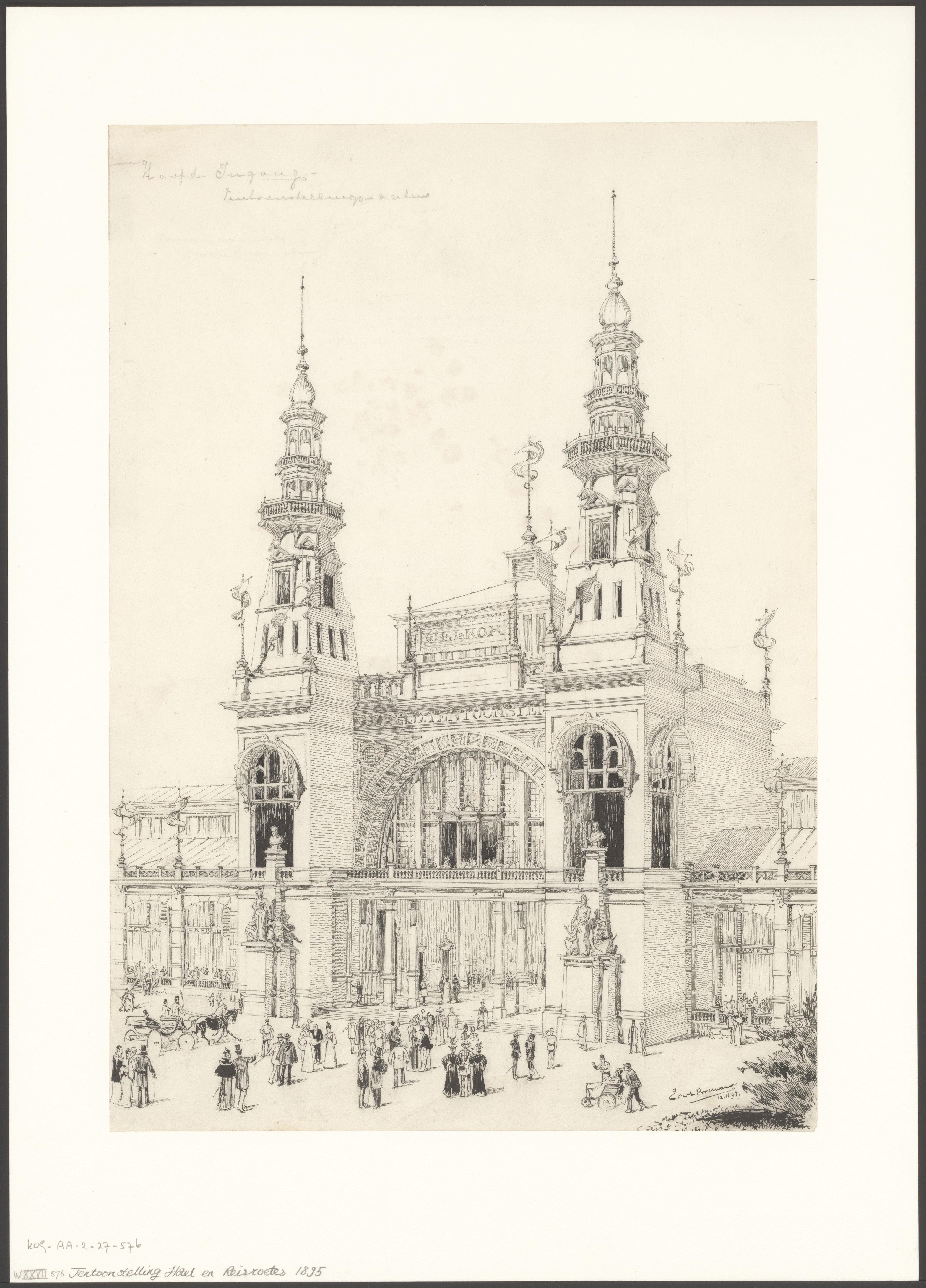 Ontwerp voor de entree van het hoofdgebouw van de Wereldtentoonstelling voor het Hotel- en Reiswezen 1895