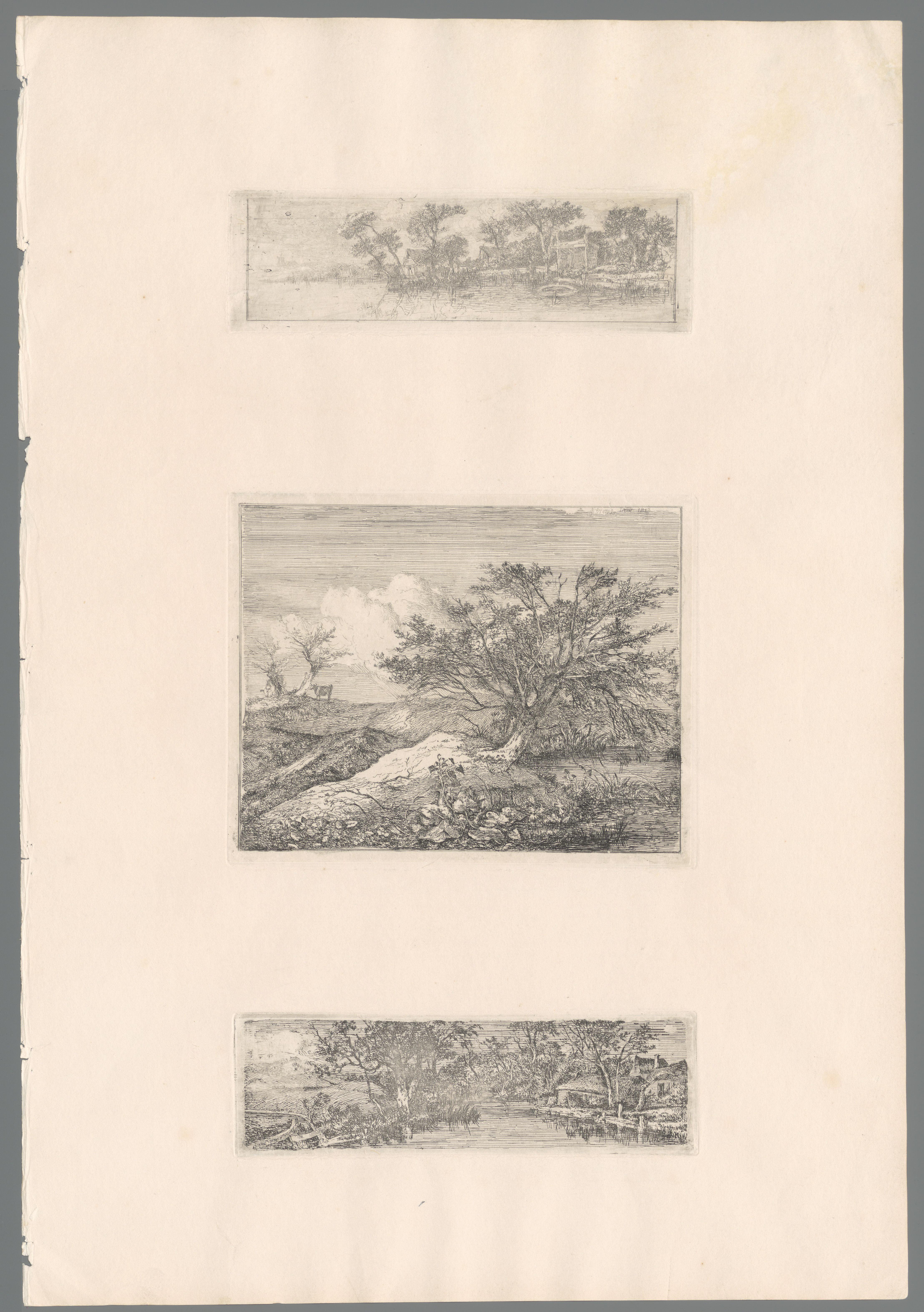 Oever van een rivier of meer met hutten, bomen en windmolen in de verte