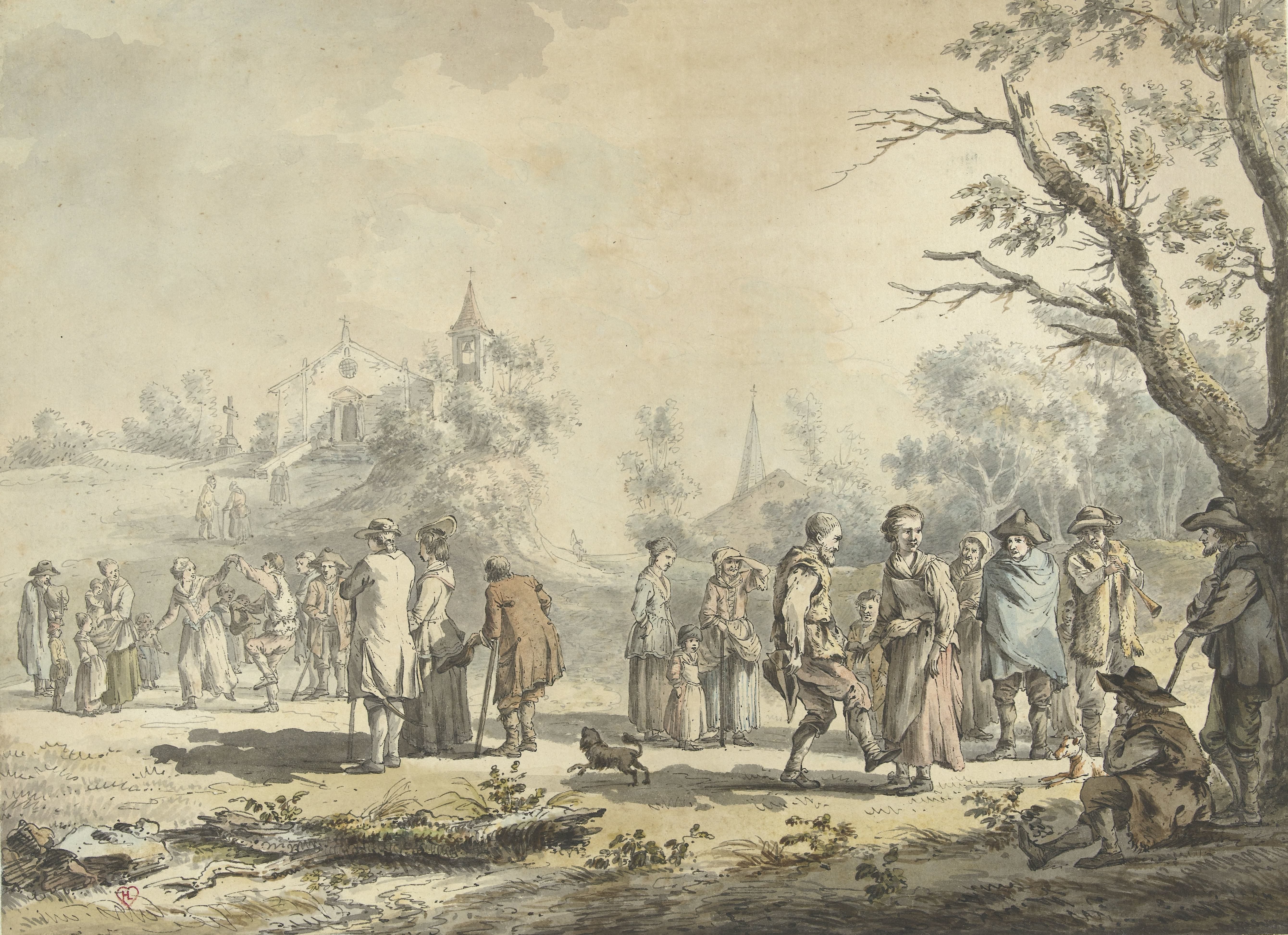 Dansende landlieden en toeschouwers bij een dorp