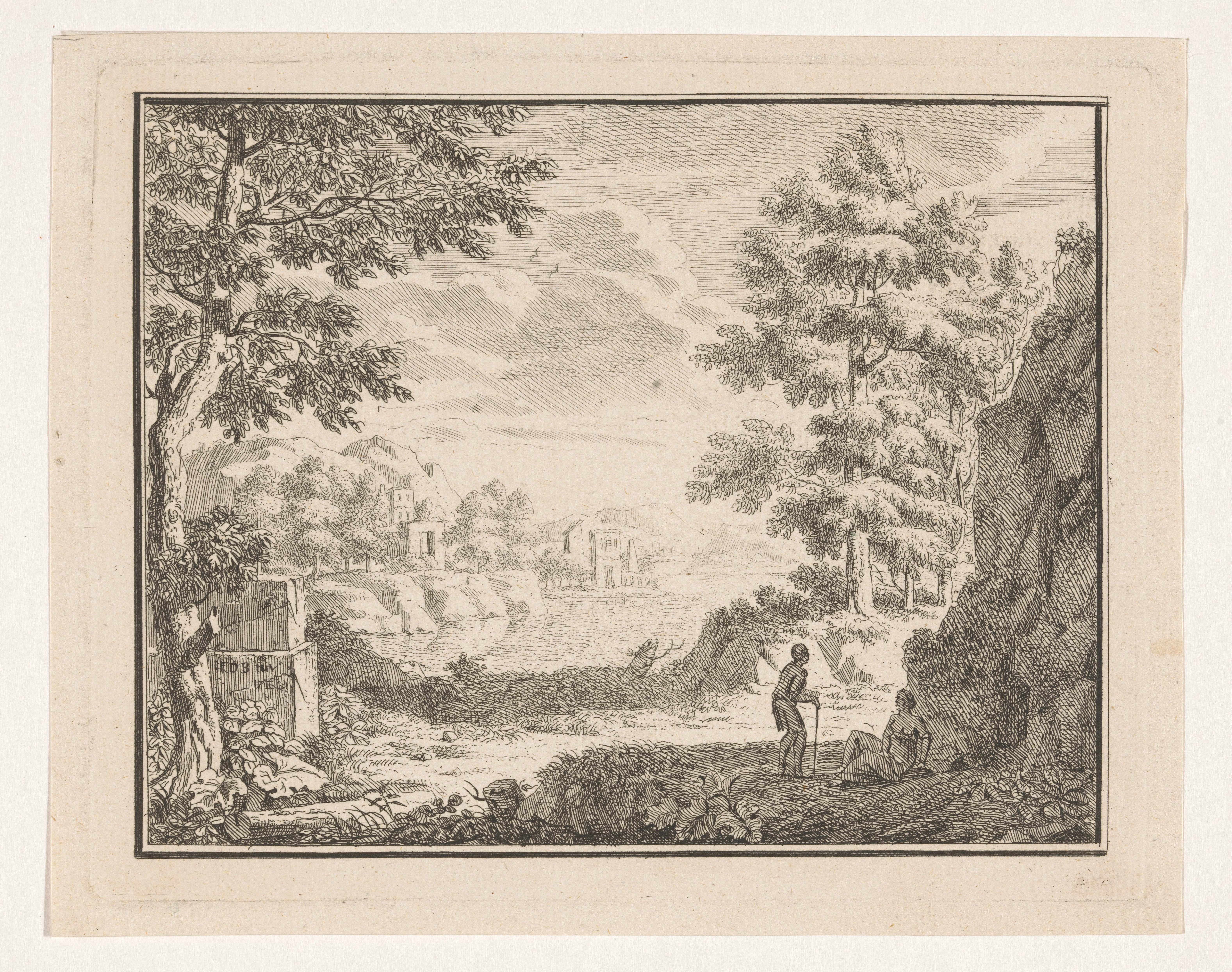 Arcadisch landschap met twee in de schaduw rustende reizigers