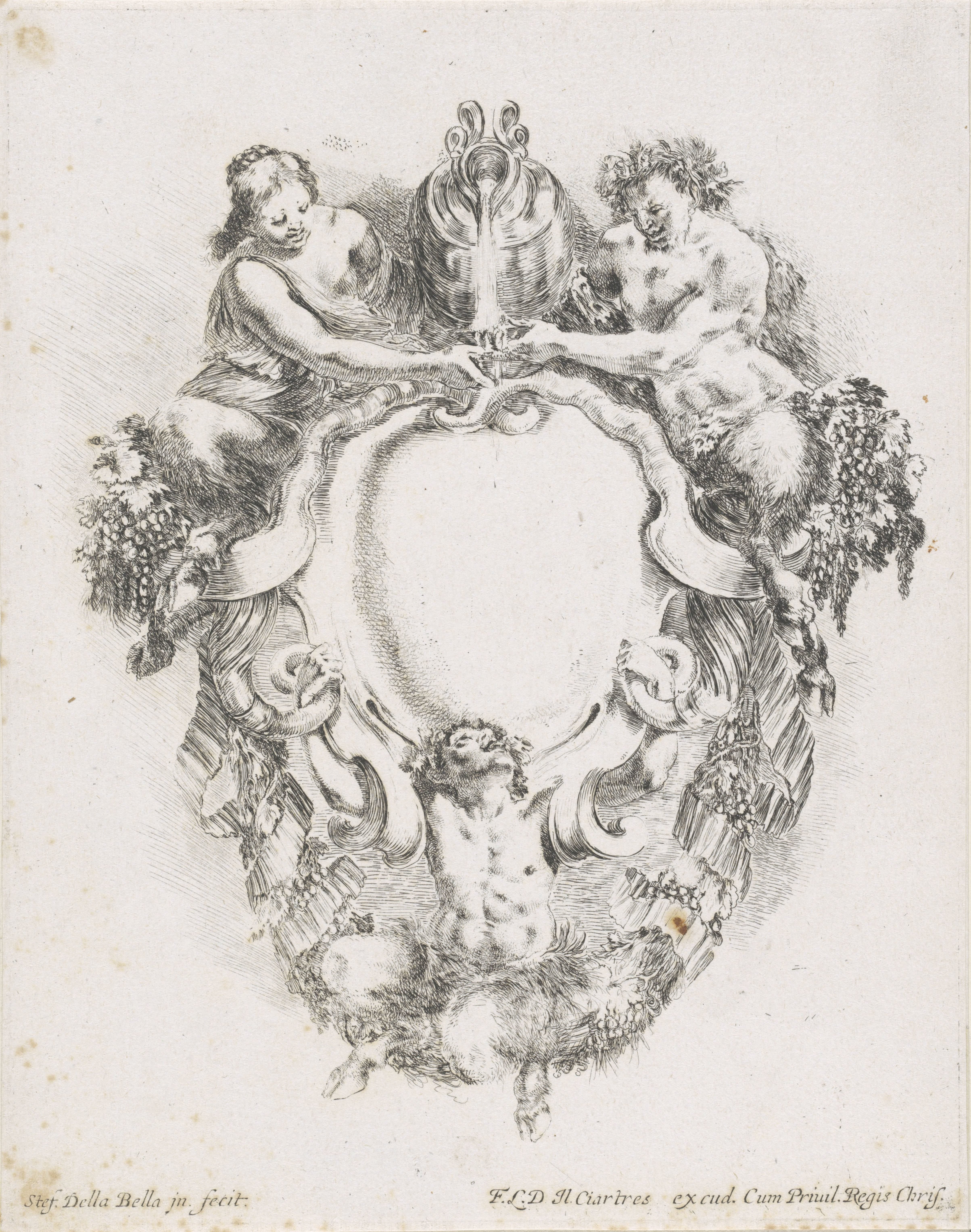 Cartouche met twee mannelijke en een vrouwelijke sater en een kruik met wijn