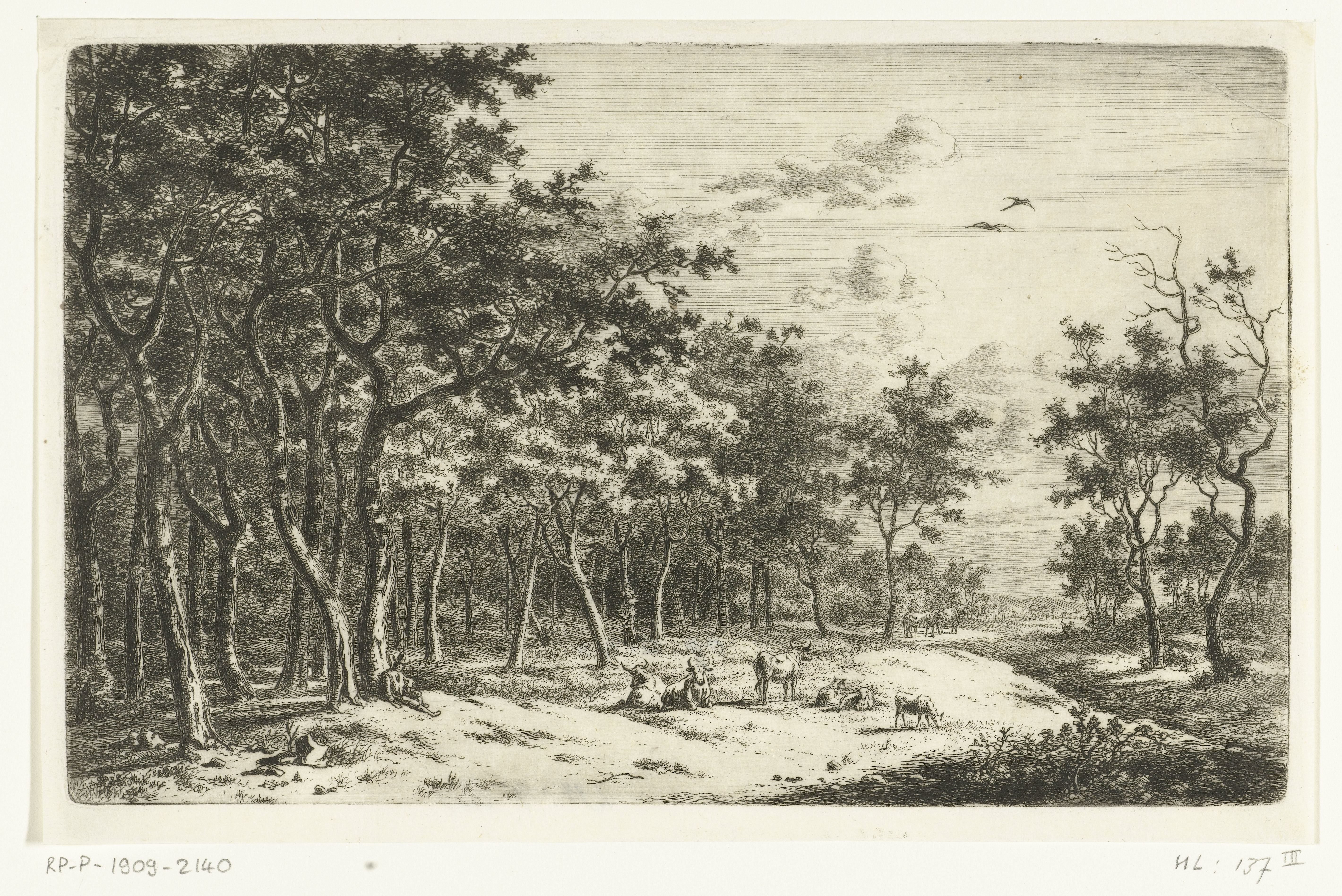 Landschap met herder en zijn kudde aan de rand van het bos