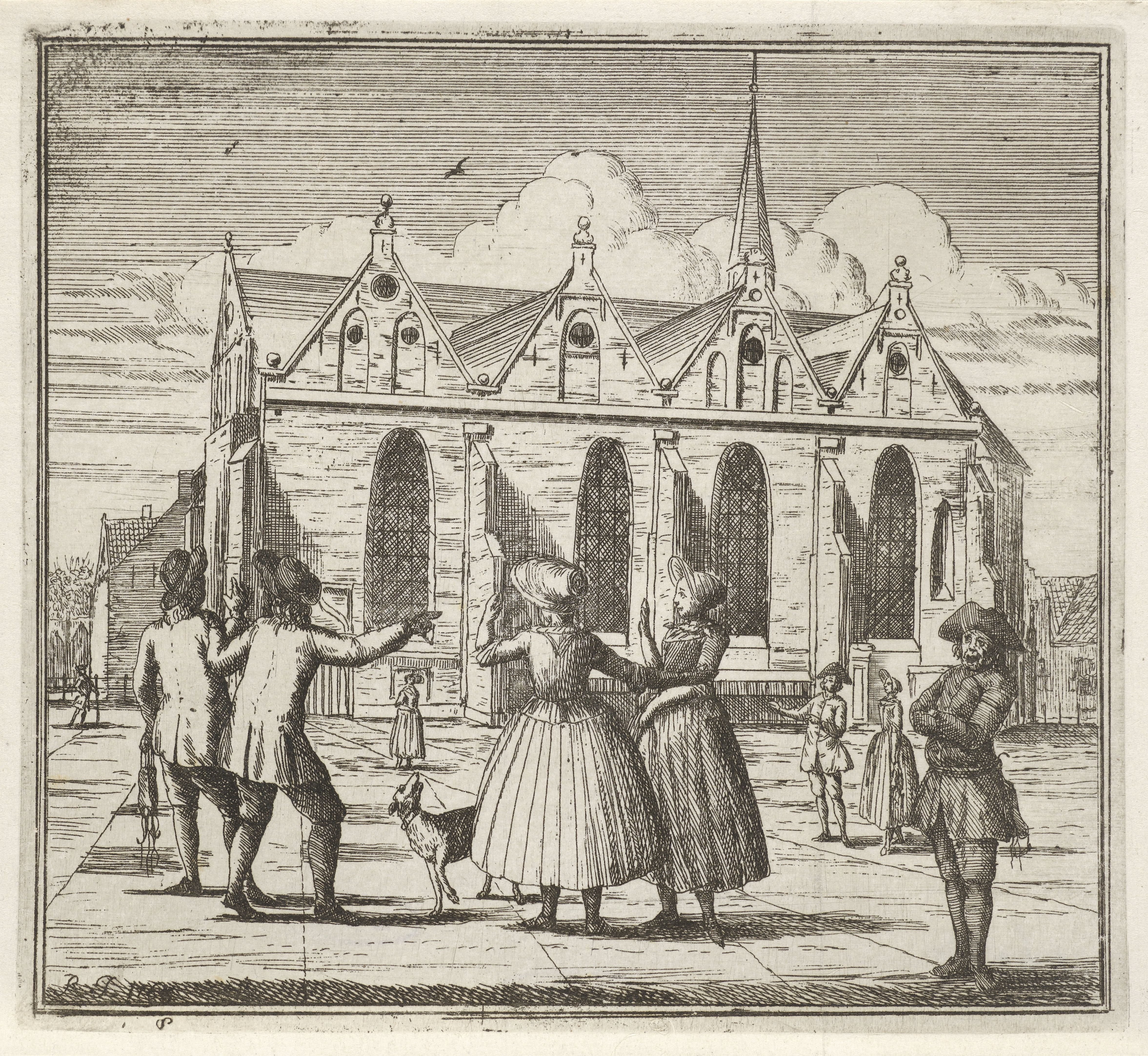 Mannen en vrouwen op een plein bij de Grote Kerk te Leeuwarden