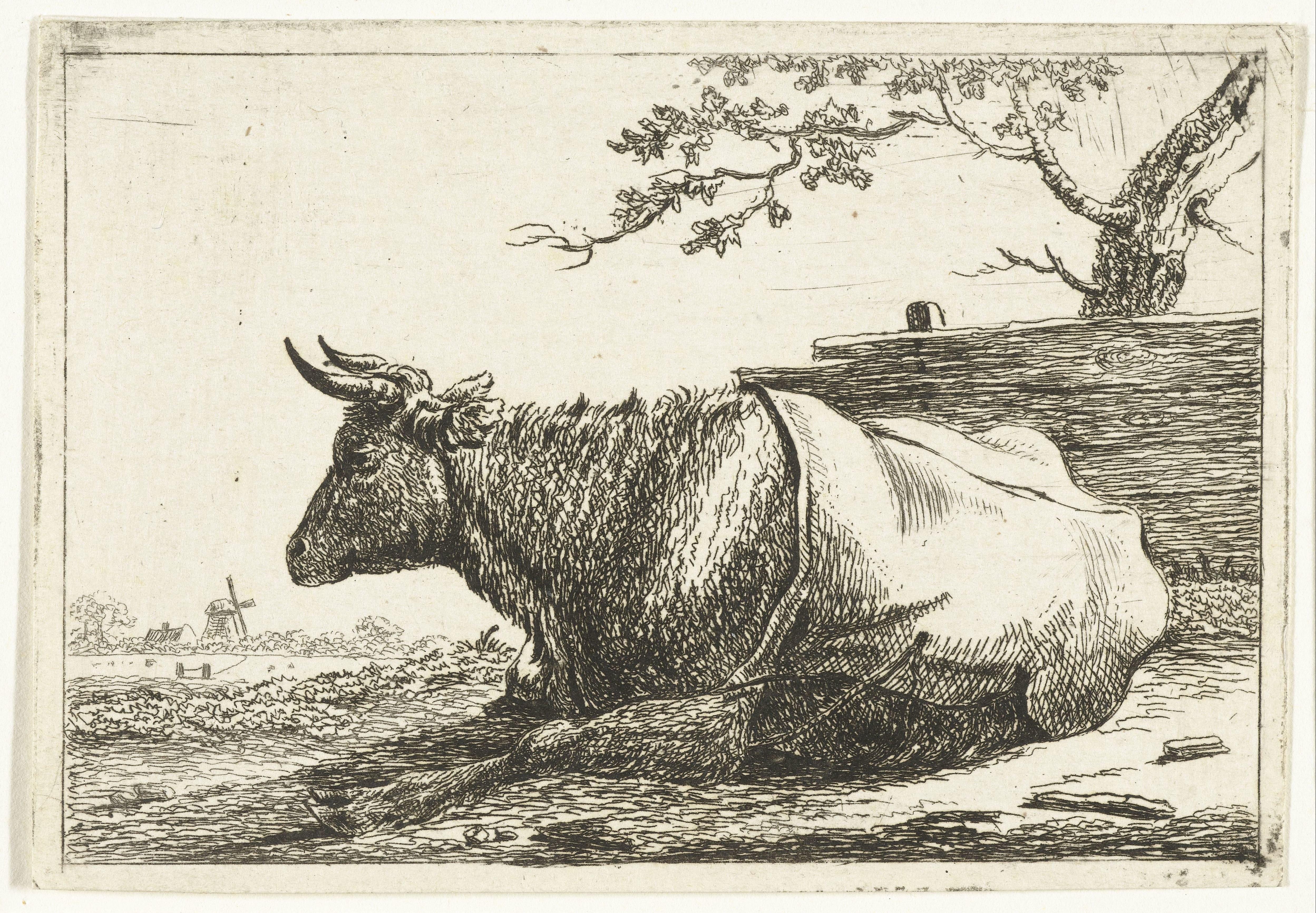Landschap met liggende koe met dek op de rug