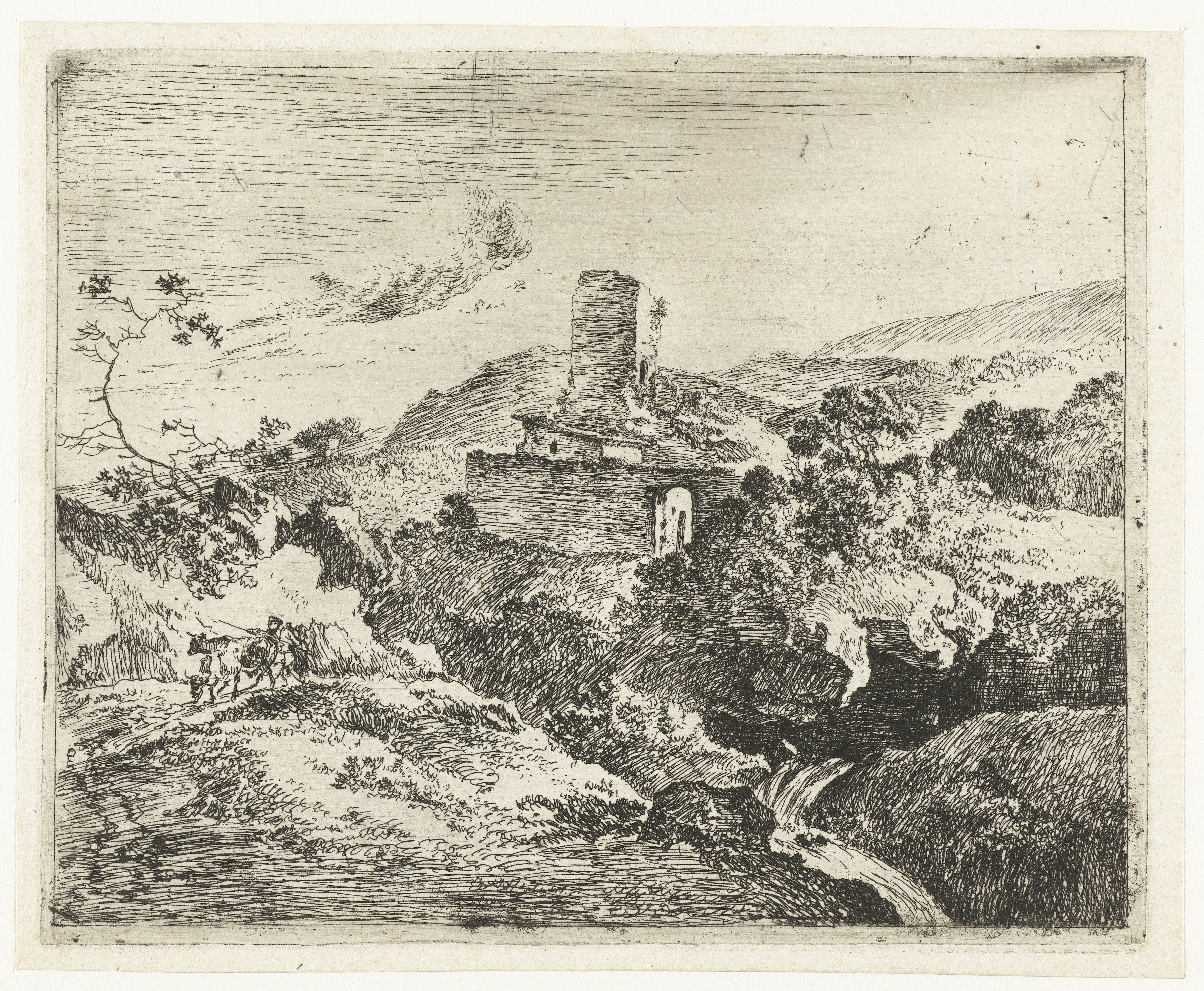 Landschap met vierkante toren