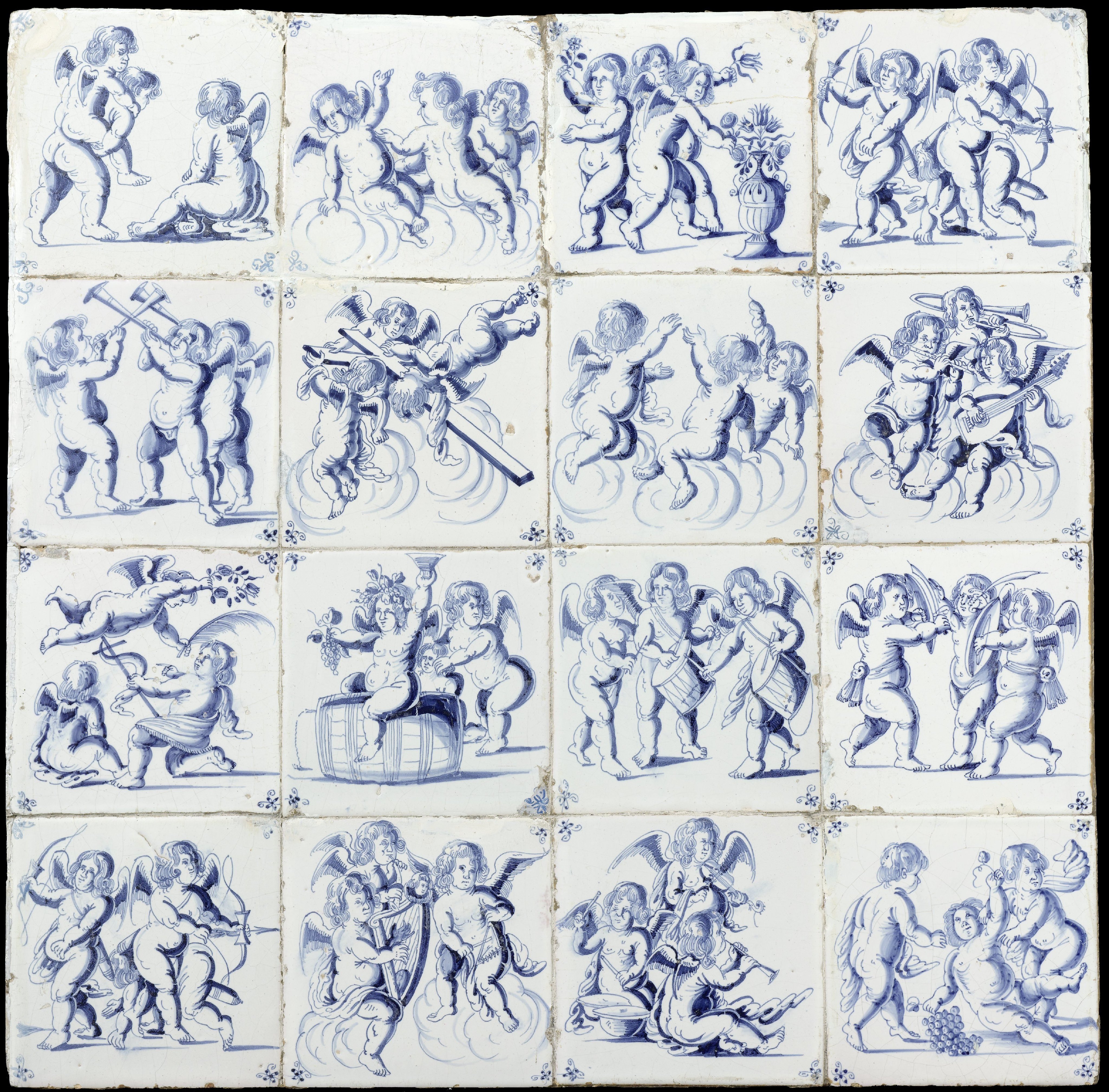 Veld van zestien tegels met Cupido's