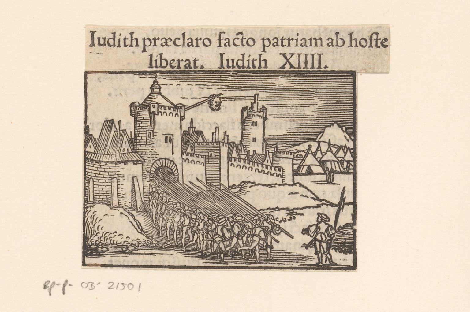 Israëlieten verlaten de stad Betulia, aan de muren waarvan het hoofd van Holofernes prijkt