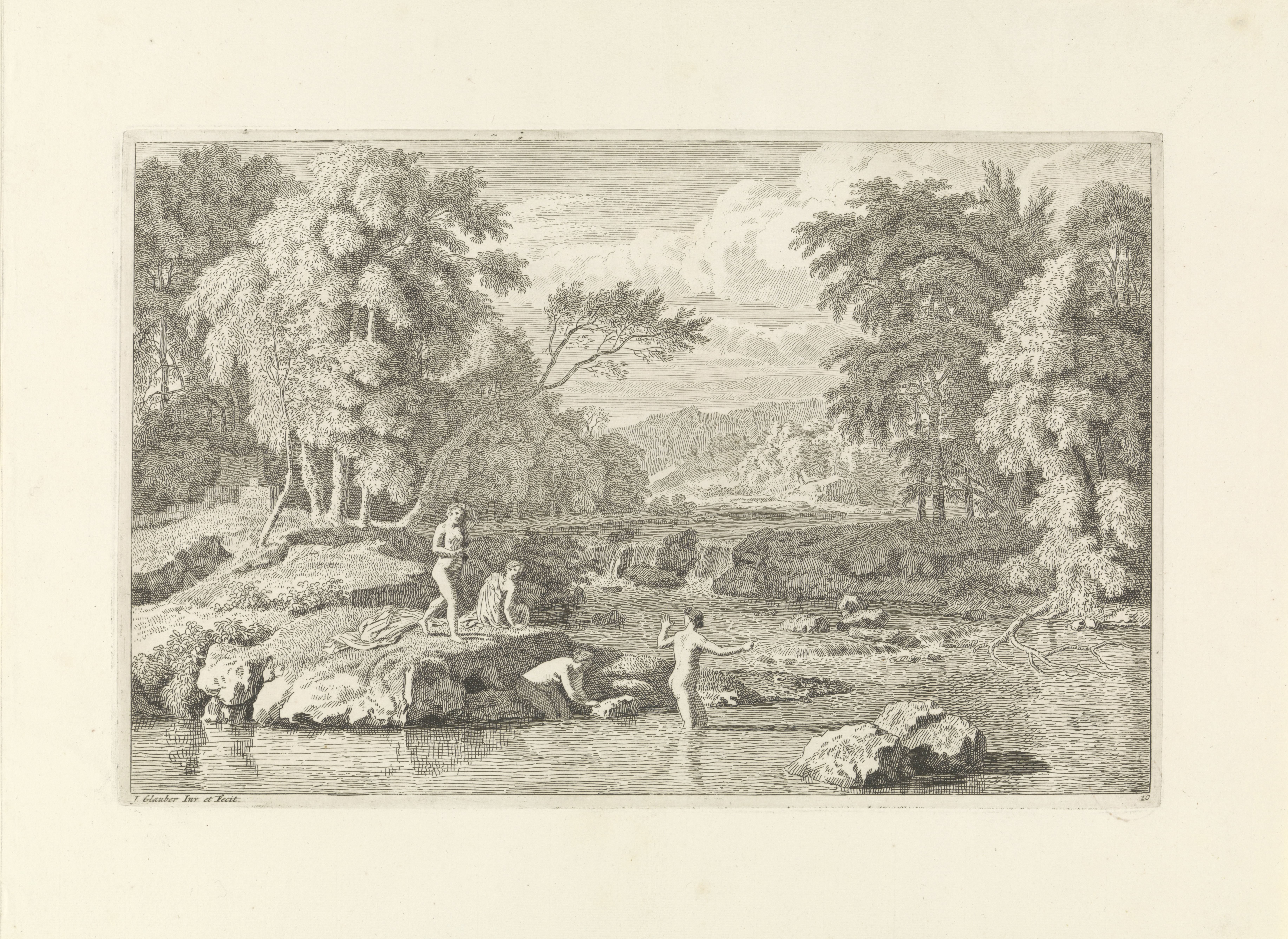 Arcadisch landschap met vier badende vrouwen