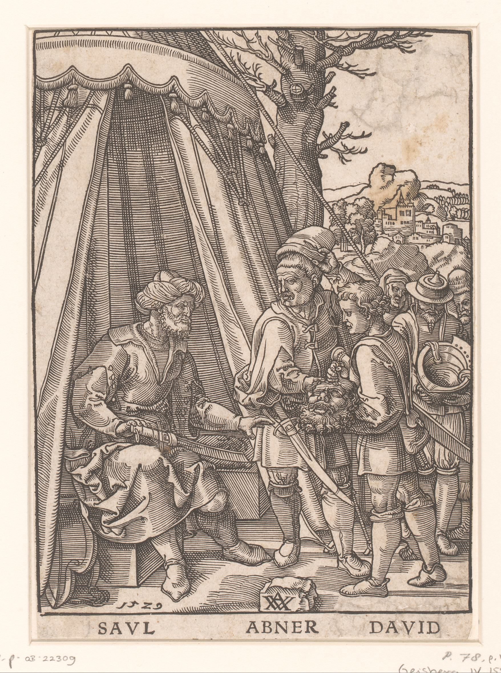 David met Abner toont Saul het hoofd van Goliath