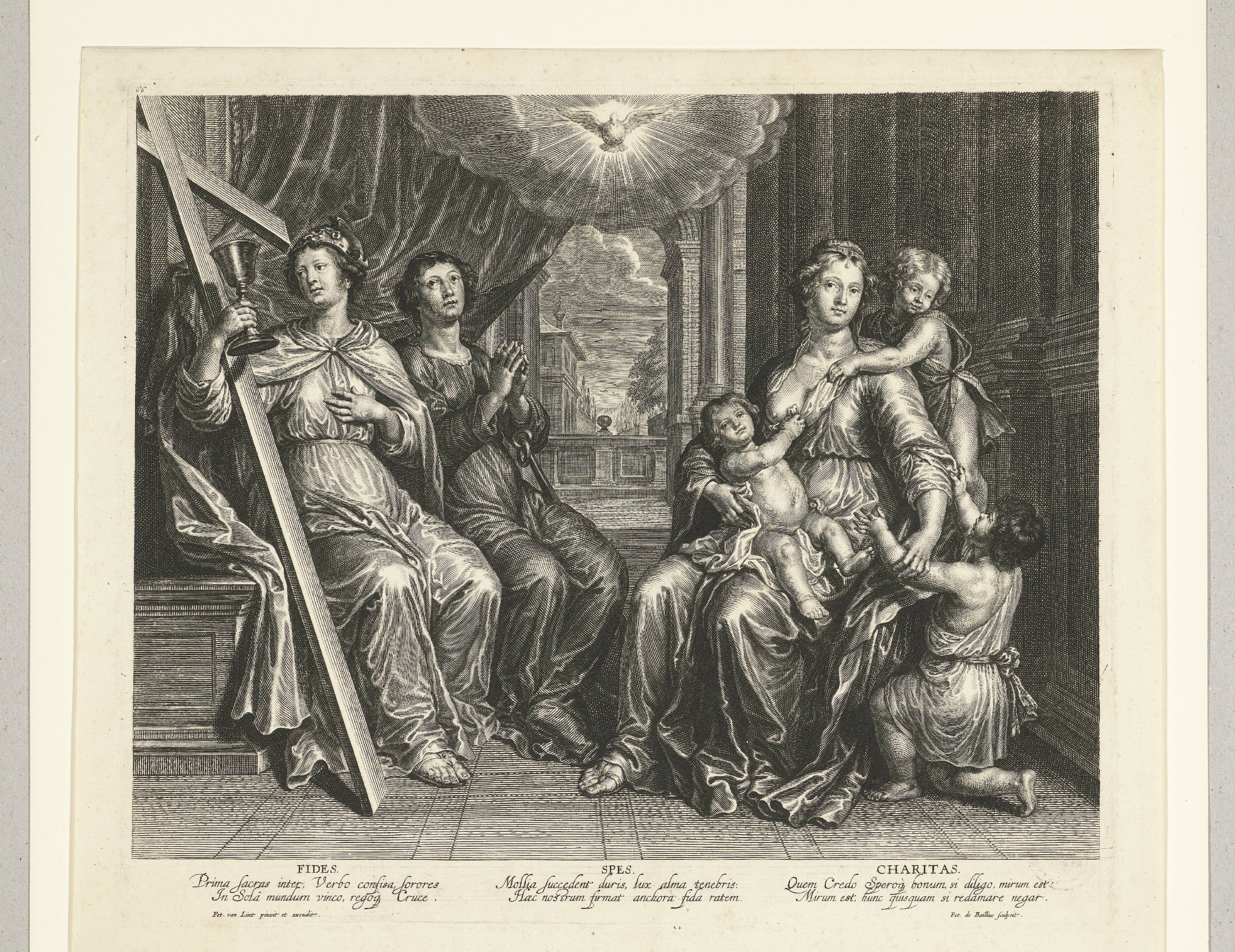 Allegorie met drie goddelijke deugden Geloof (Fides) en Hoop (Spes) en Liefde (Caritas)