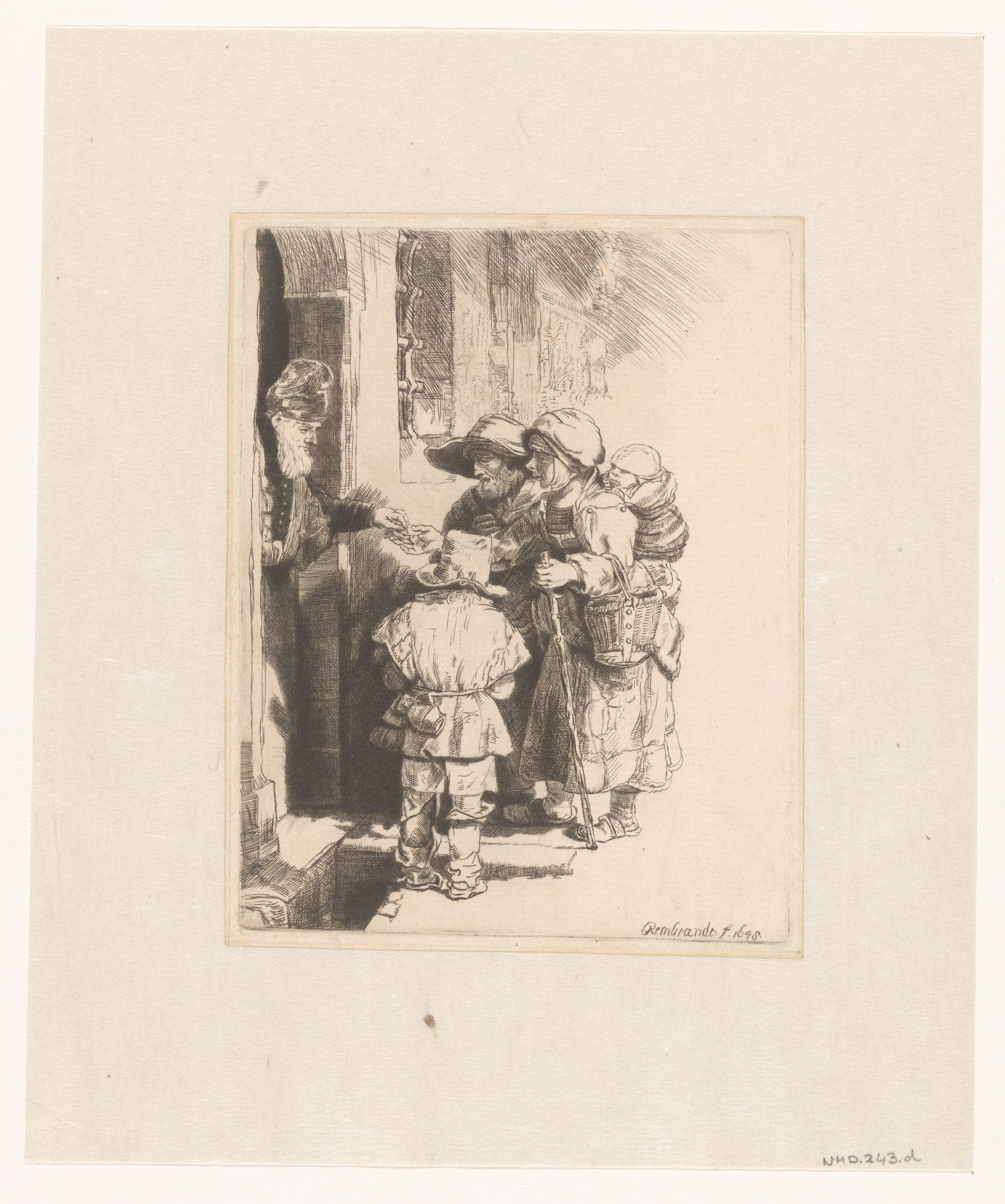 A blind hurdy-gurdy player and family receiving alms