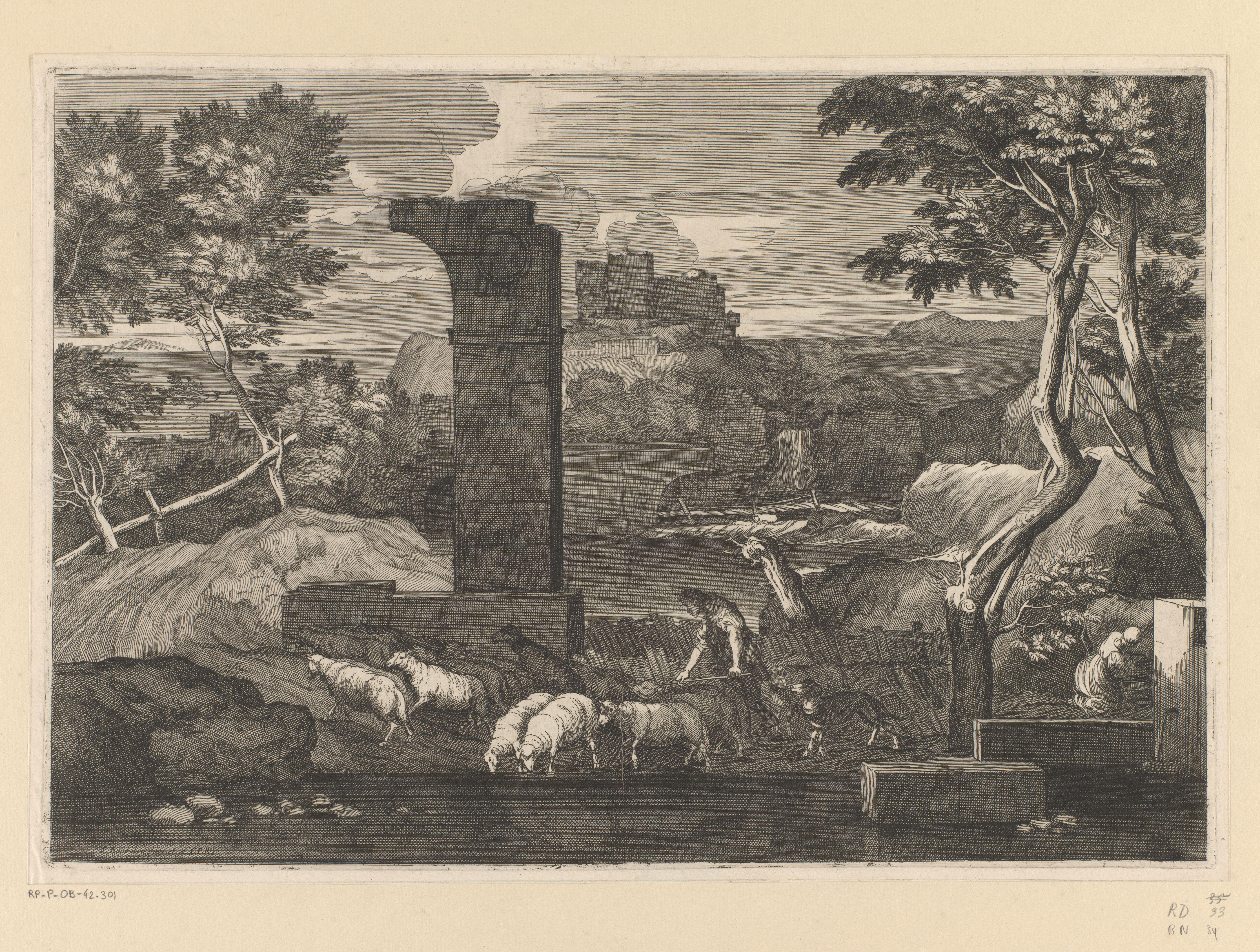 Landschap met ruïnes en herder met kudde