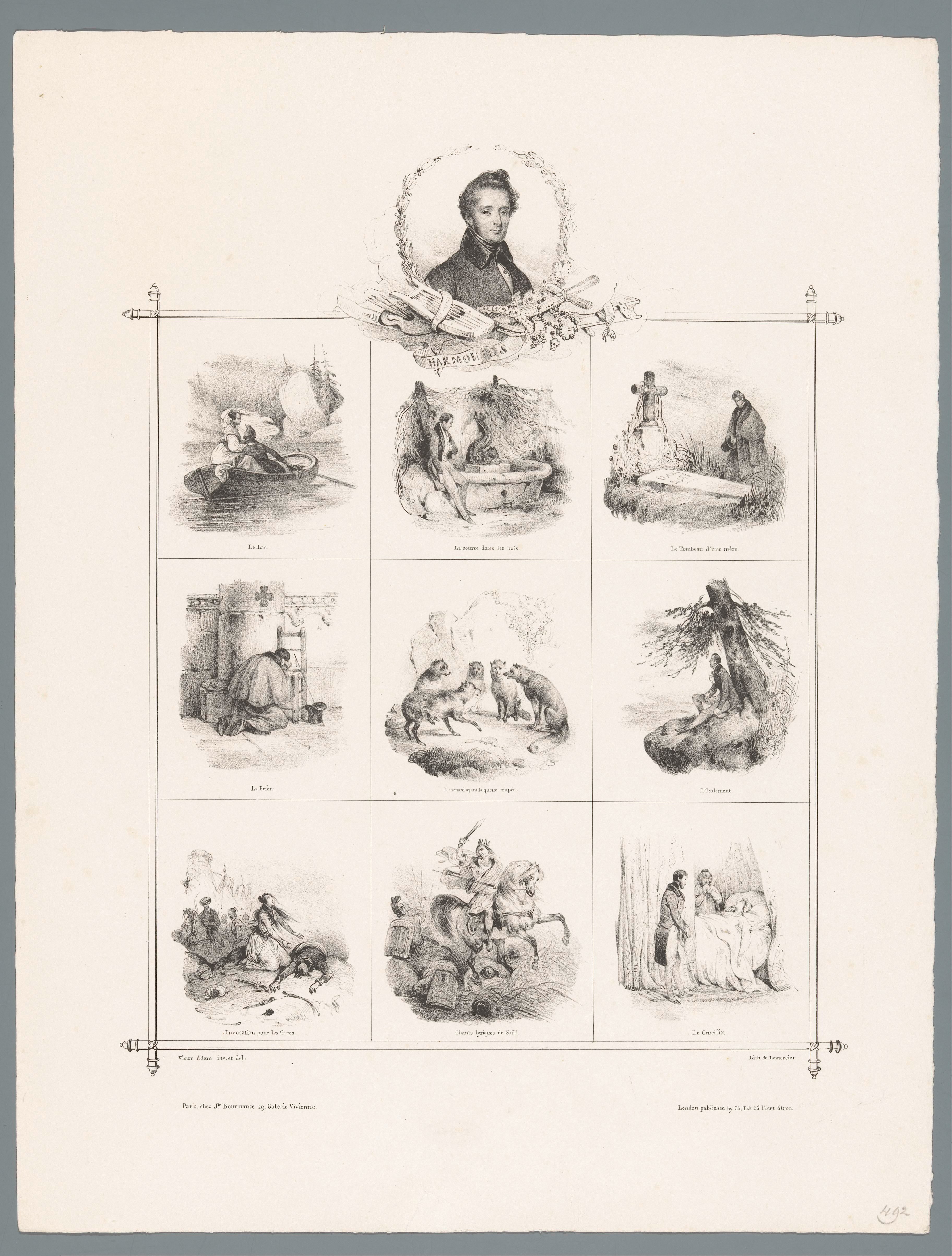 Portret van Alphonse de Lamartine en negen voorstellingen uit zijn 'Harmonies poétiques et religieuses' (1830)