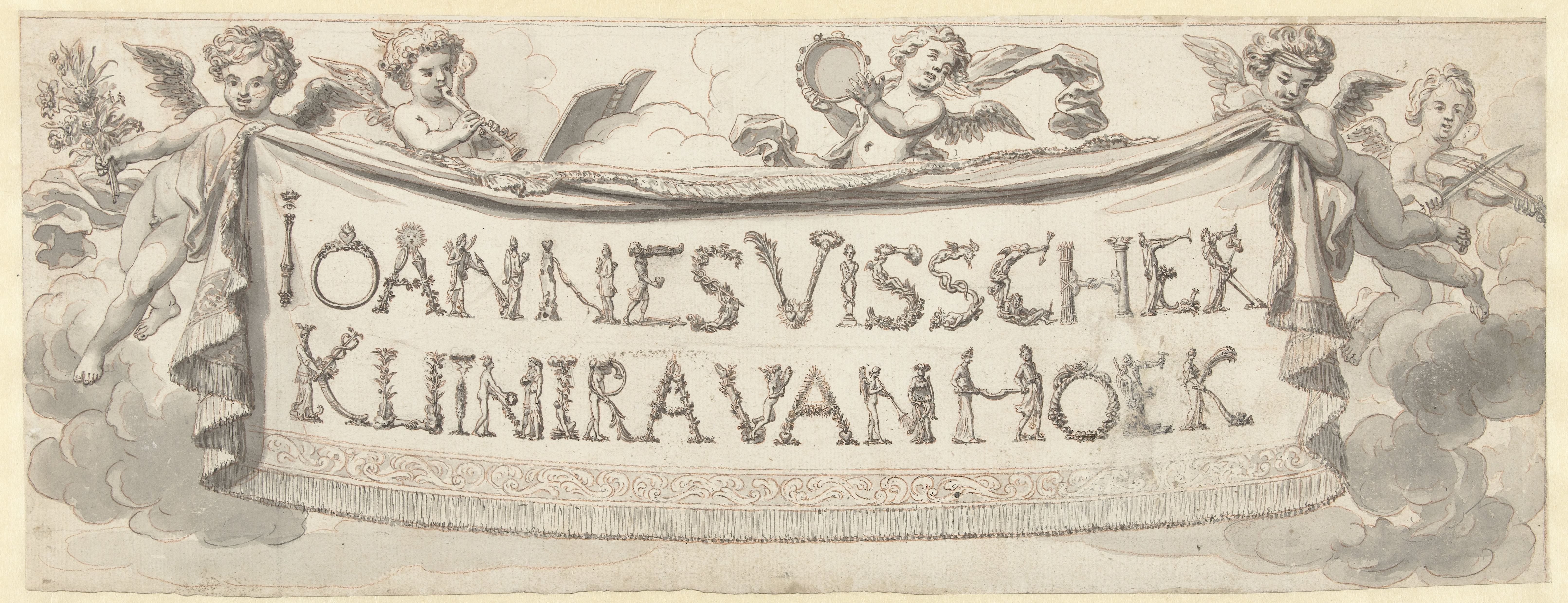 Putti met een spandoek met de namen van Johannes Visscher en Kuinira van Hoek
