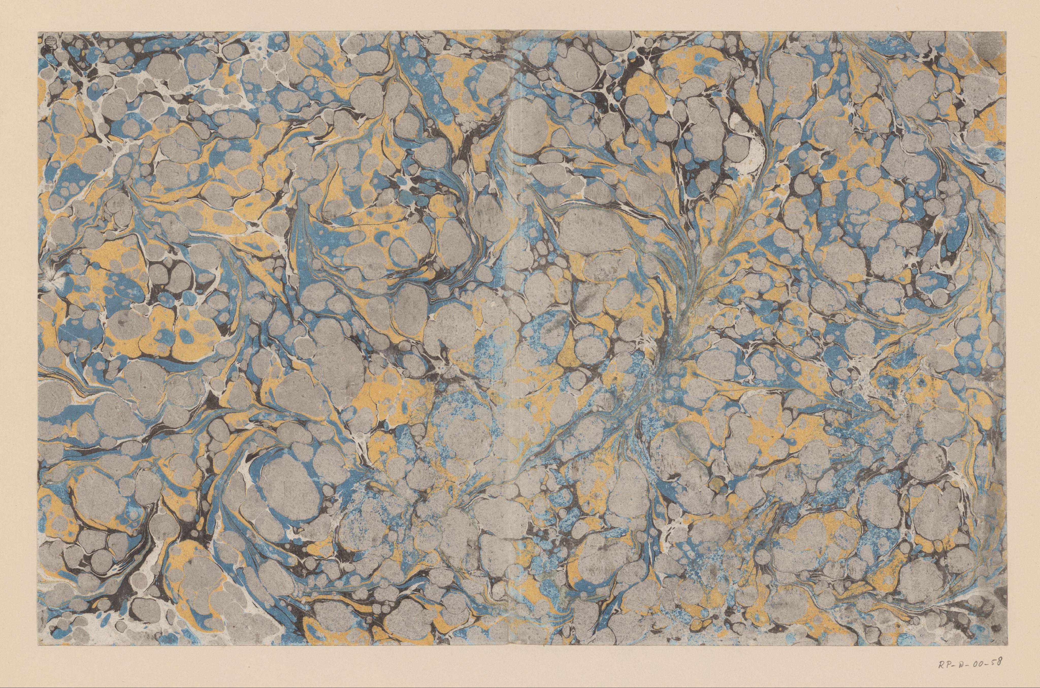 Spiraalmarmer in blauw, geel, zwart en grijs met goud op snee