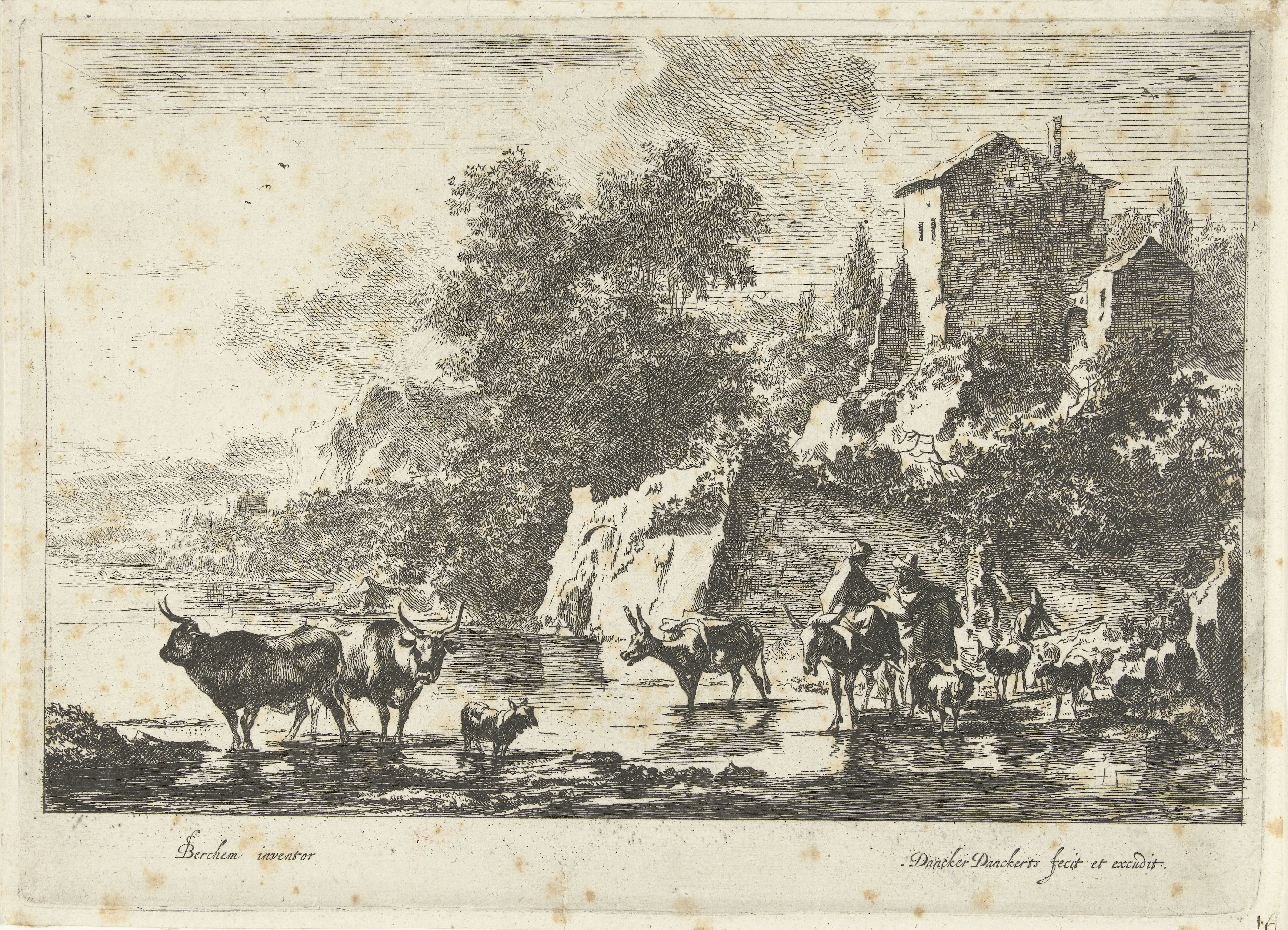 Italiaans landschap met herders, koeien en ezels in het water