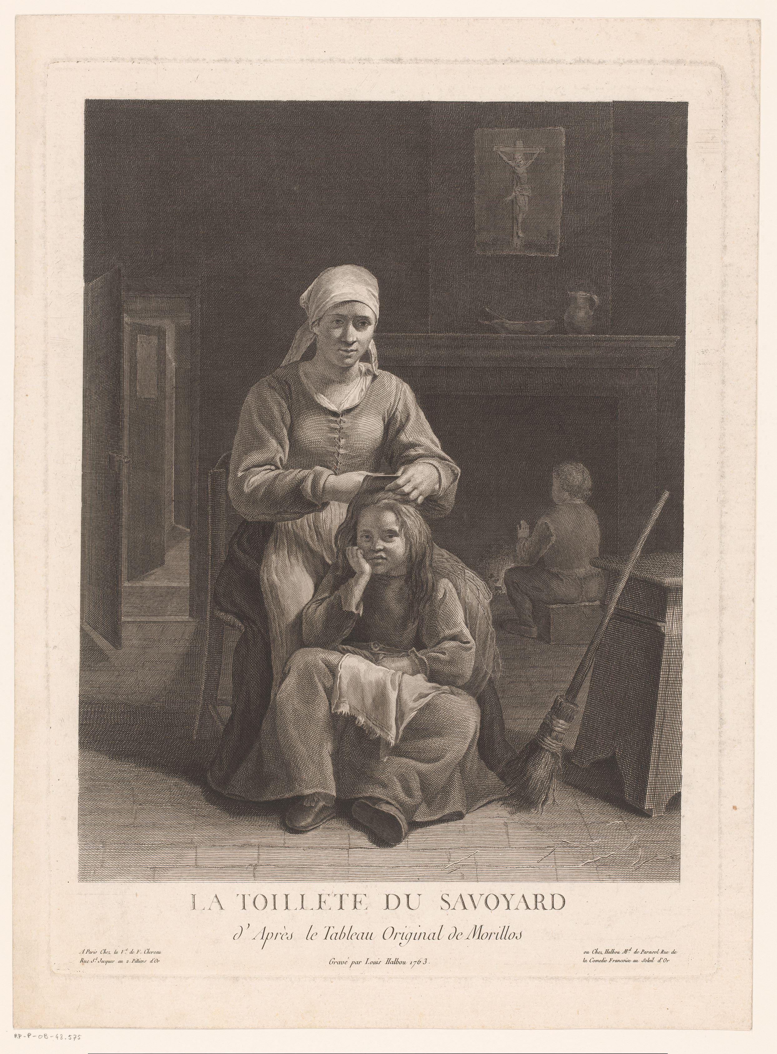 Interieur met een vrouw de haren van een meisje kammend