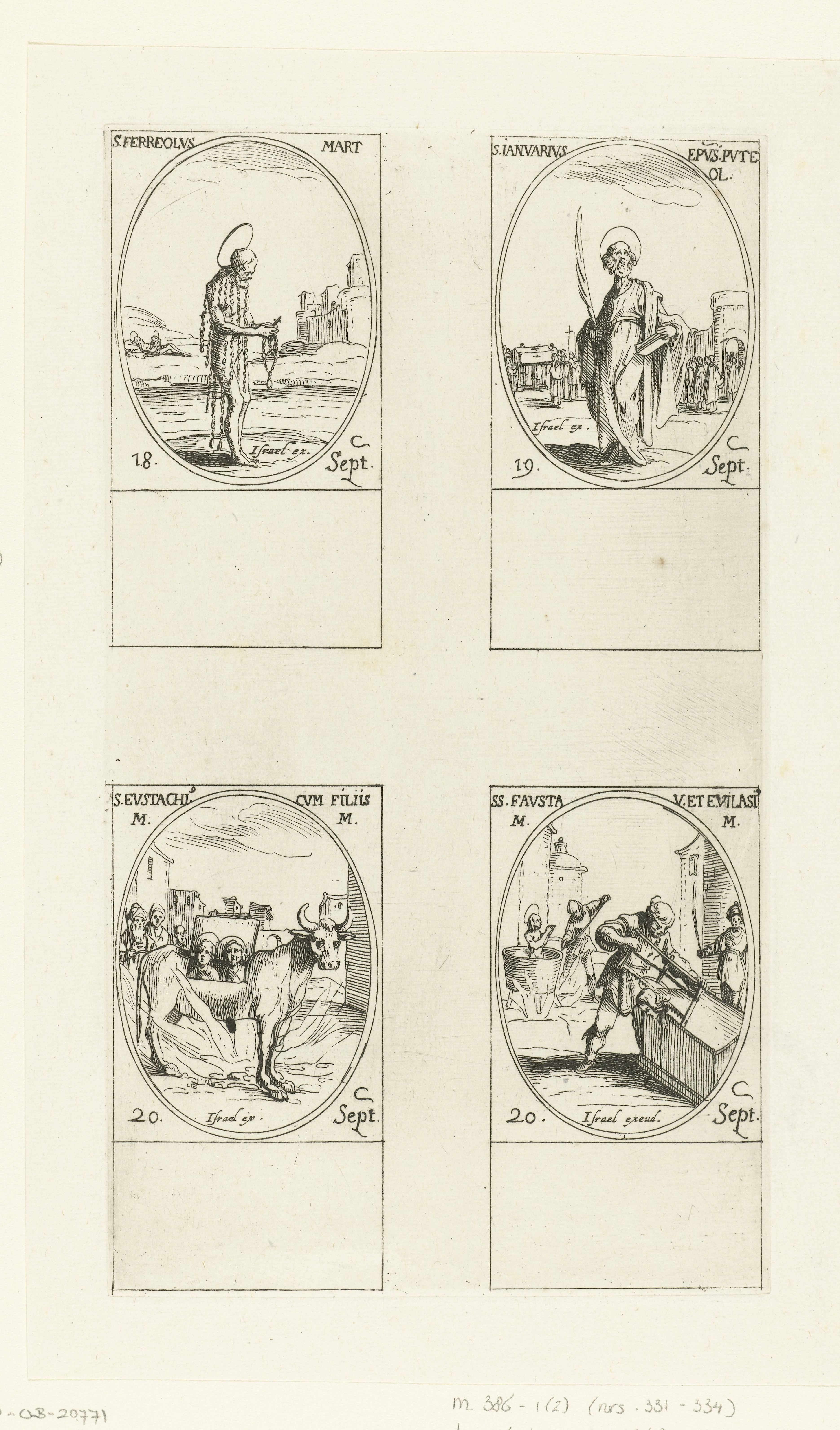 Heilige Ferreolus van Vienne, Heilige Januarius van Benevento, Heilige Eustachius van Rome en kinderen, Heilige Fausta en Heilige Evilasius van Cyzicus (18-20 september)