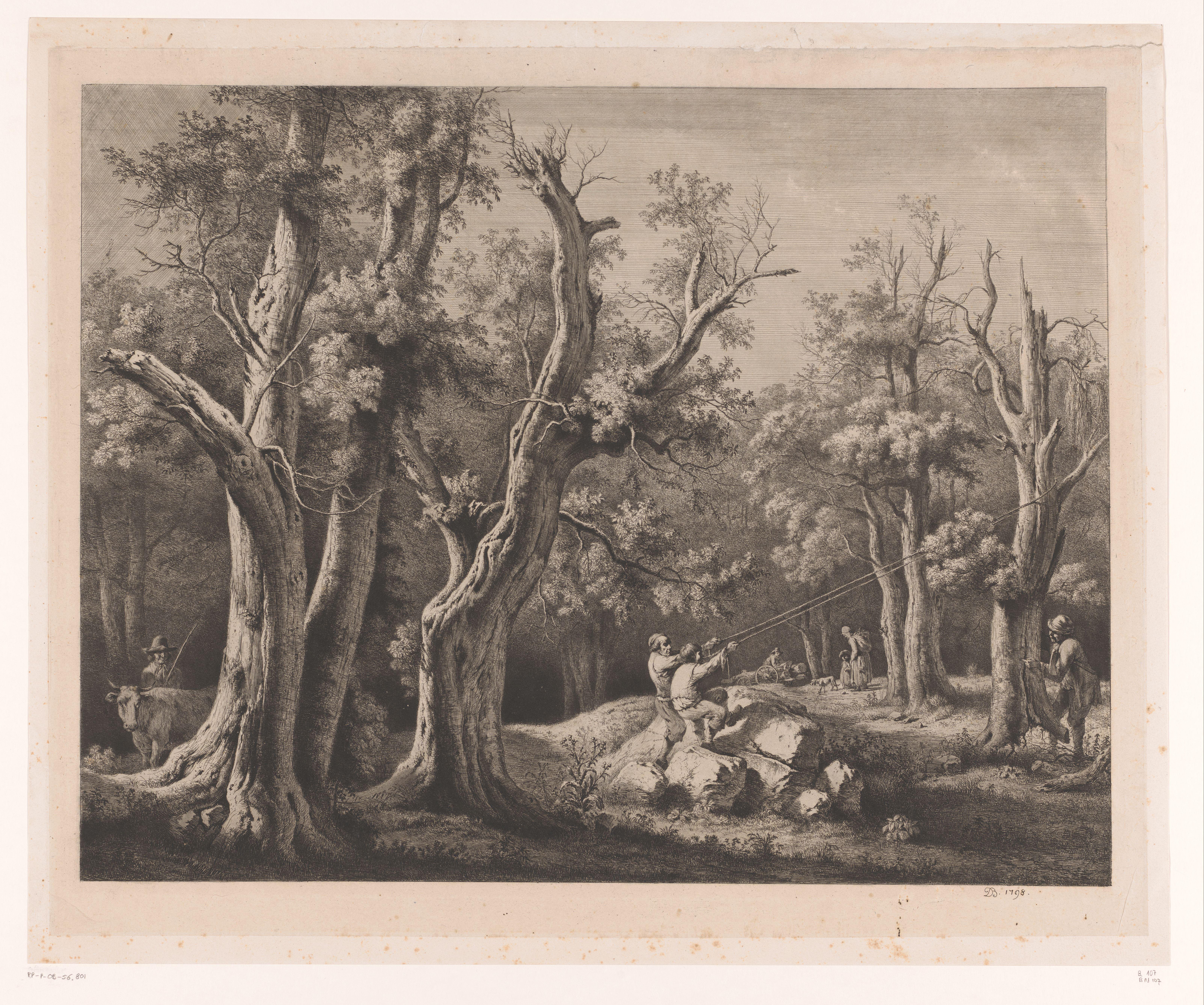 Boslandschap met figuren een dode boom omtrekkend