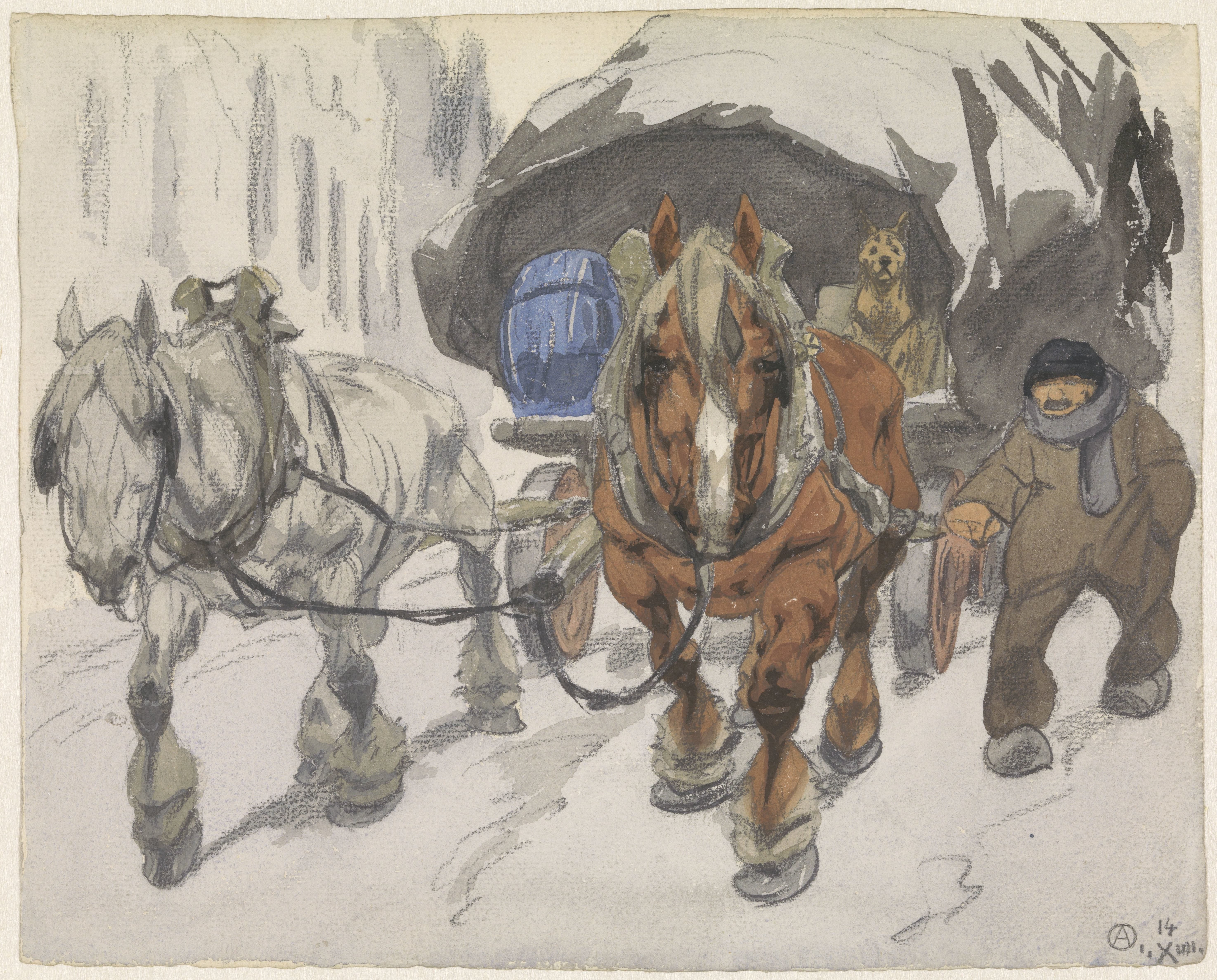 Boerenwagen met twee paarden ervoor