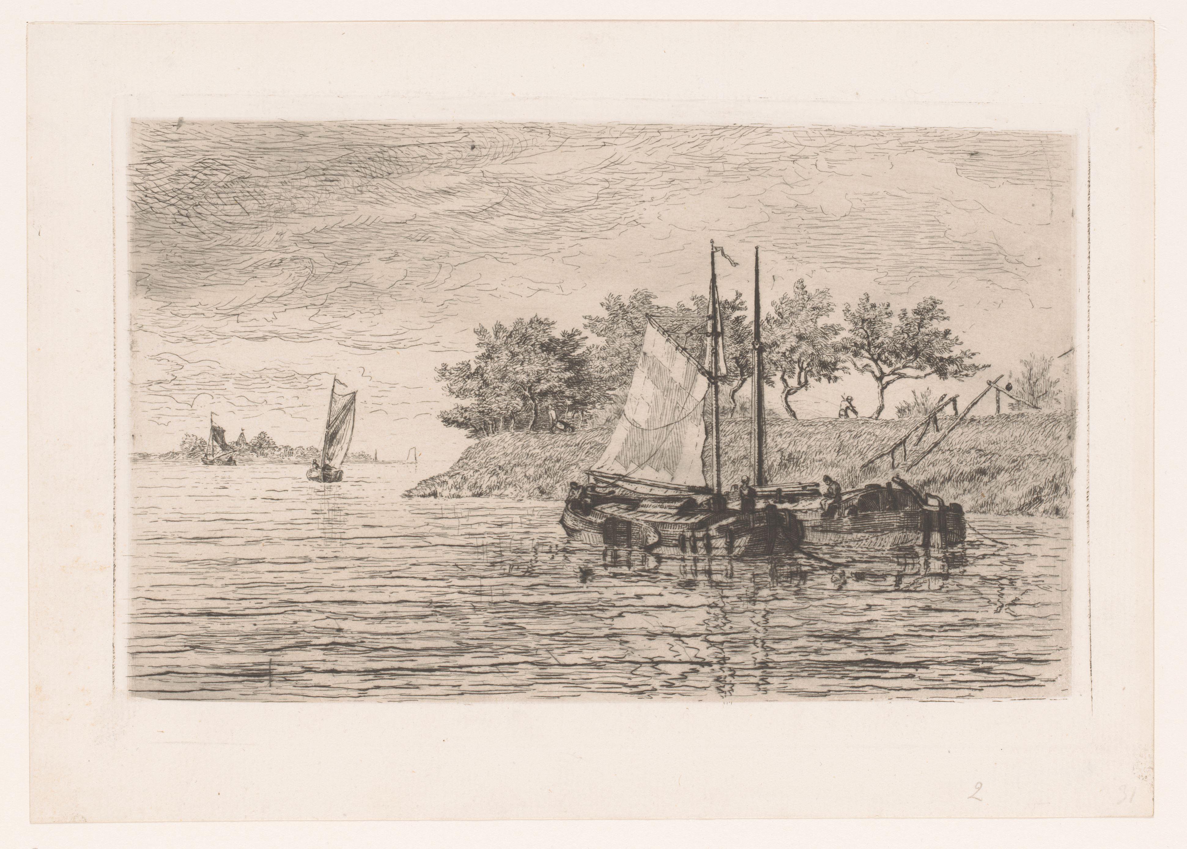 Zeilboten op een rivier, op de dijk staat een man te maaien
