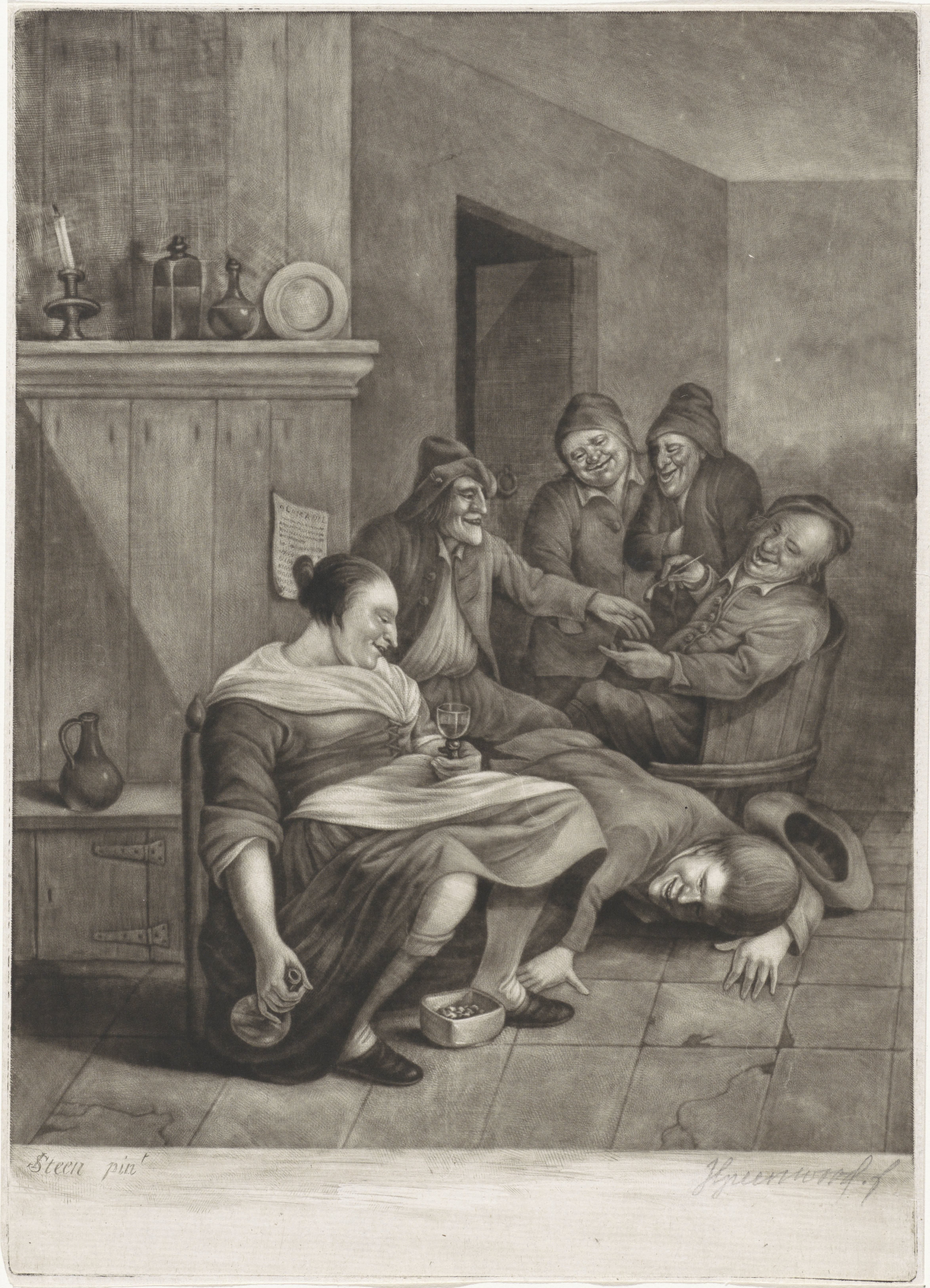 Herbergscène met een boer die onder de rok van een vrouw probeert te kijken