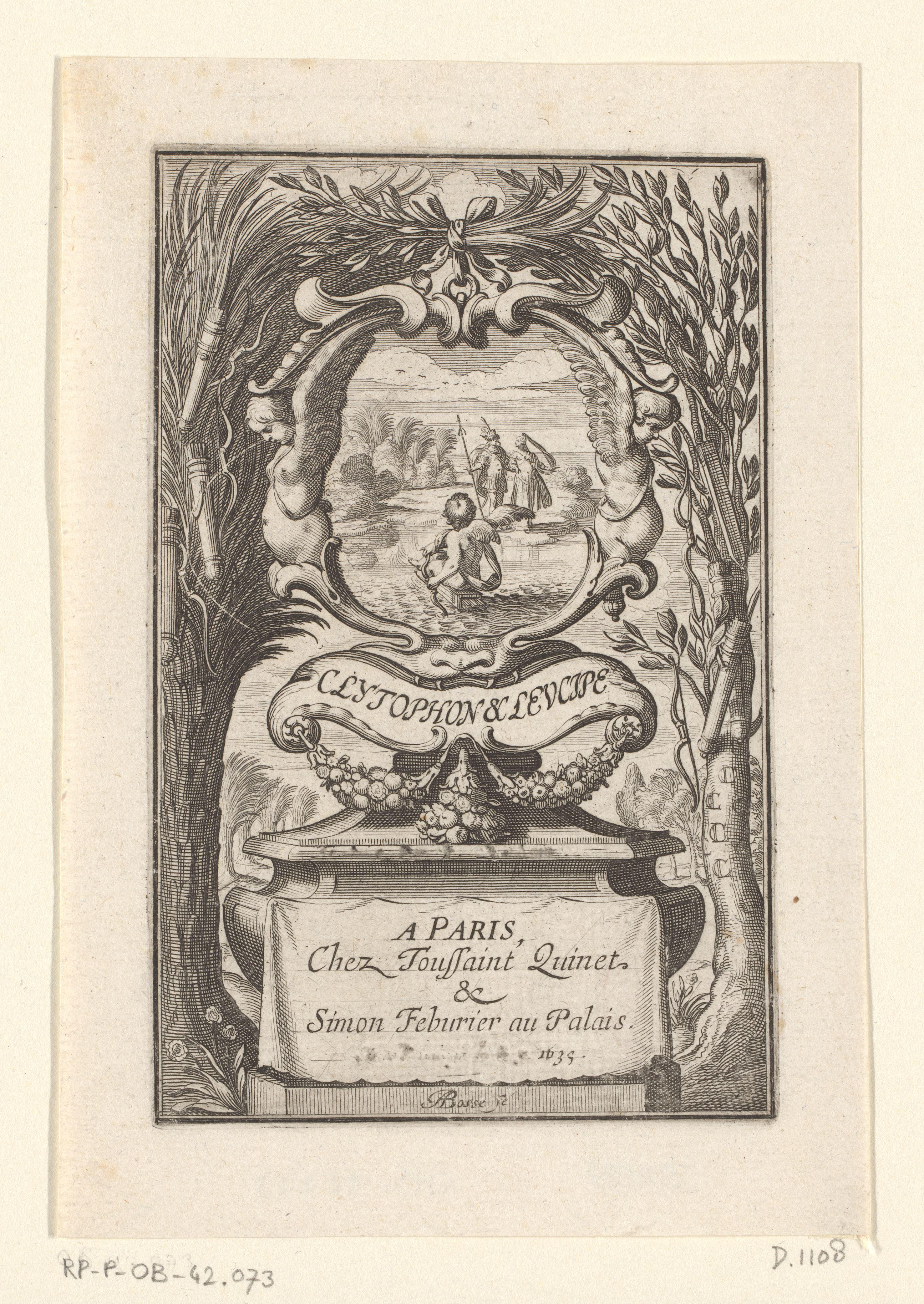 Cartouche met een Amor drijvend op zijn pijlenkoker