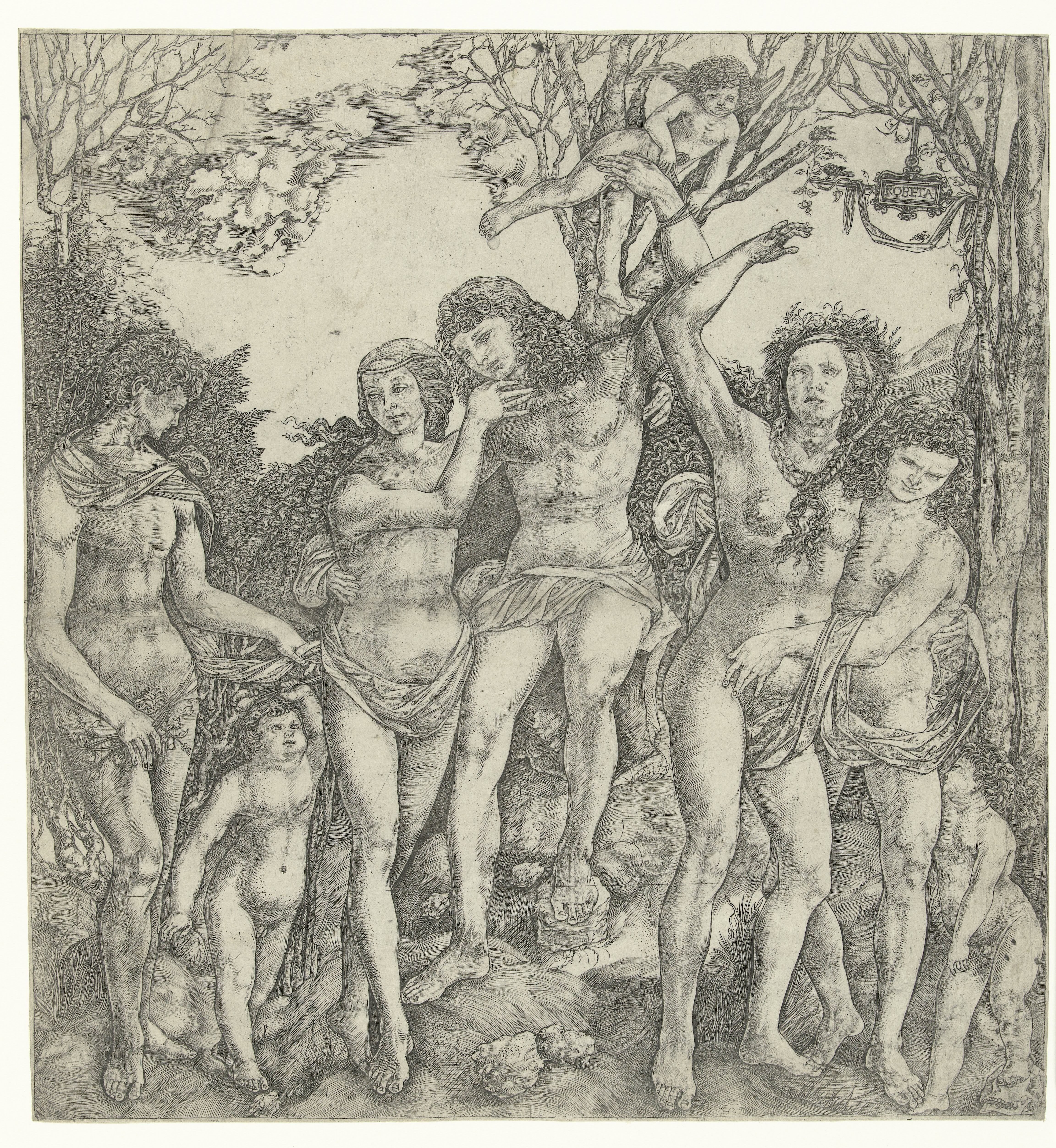 Allegorie op de liefde met liefdesparen en Amor in landschap
