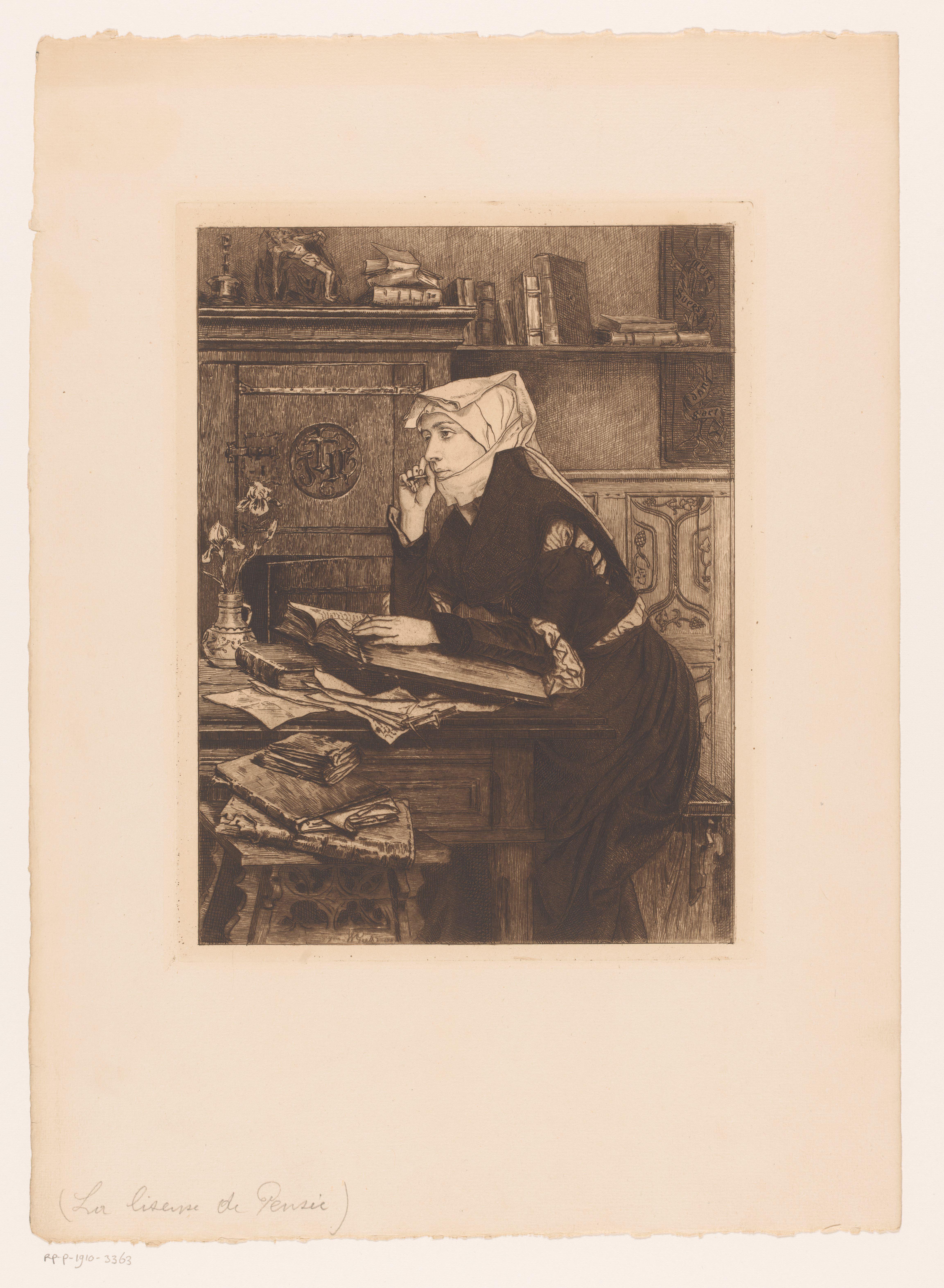 Jonge vrouw nadenkend aan een schrijftafel