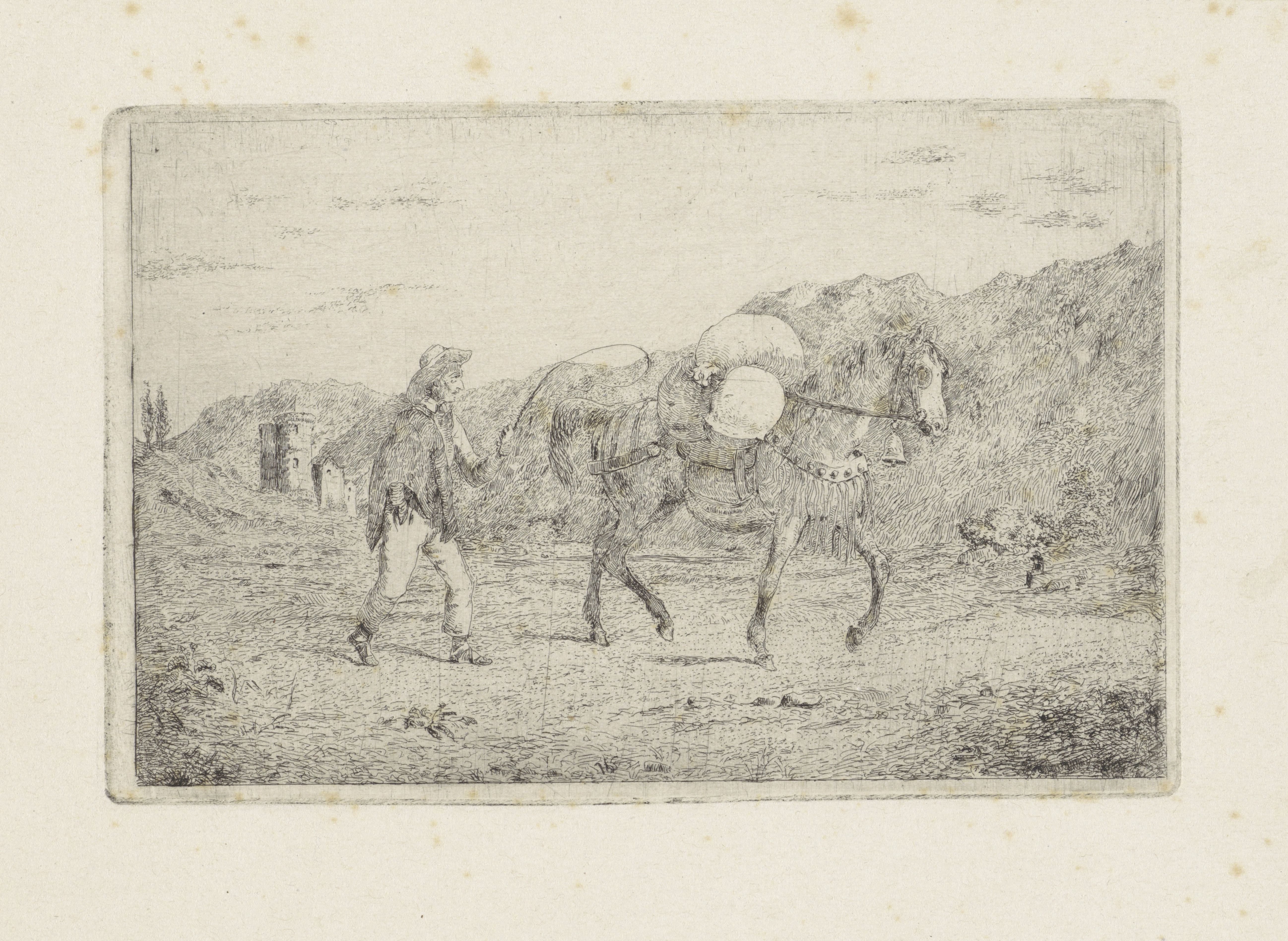 Man met paard in heuvellandschap