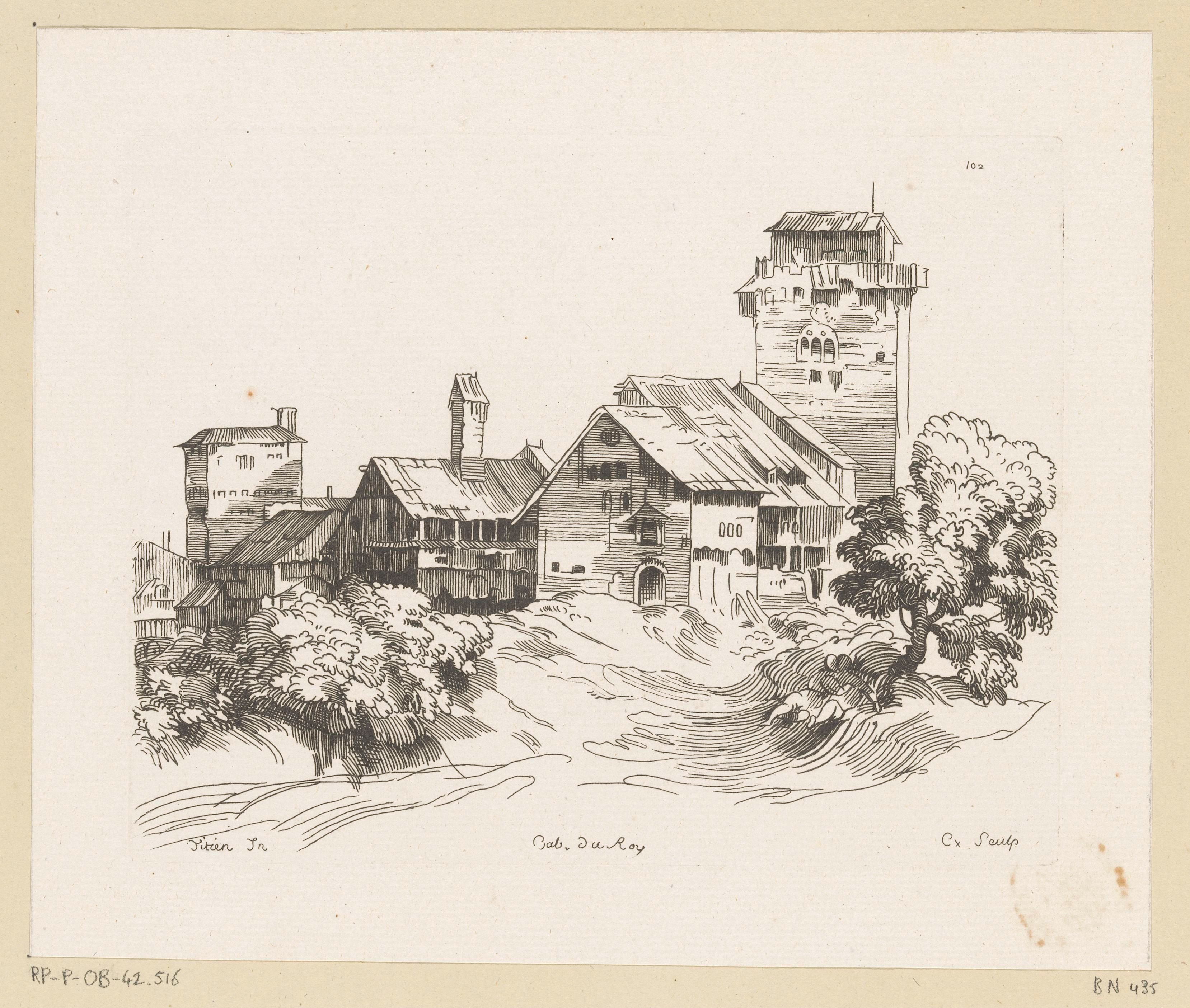 Dorp in een landschap met rechts een toren