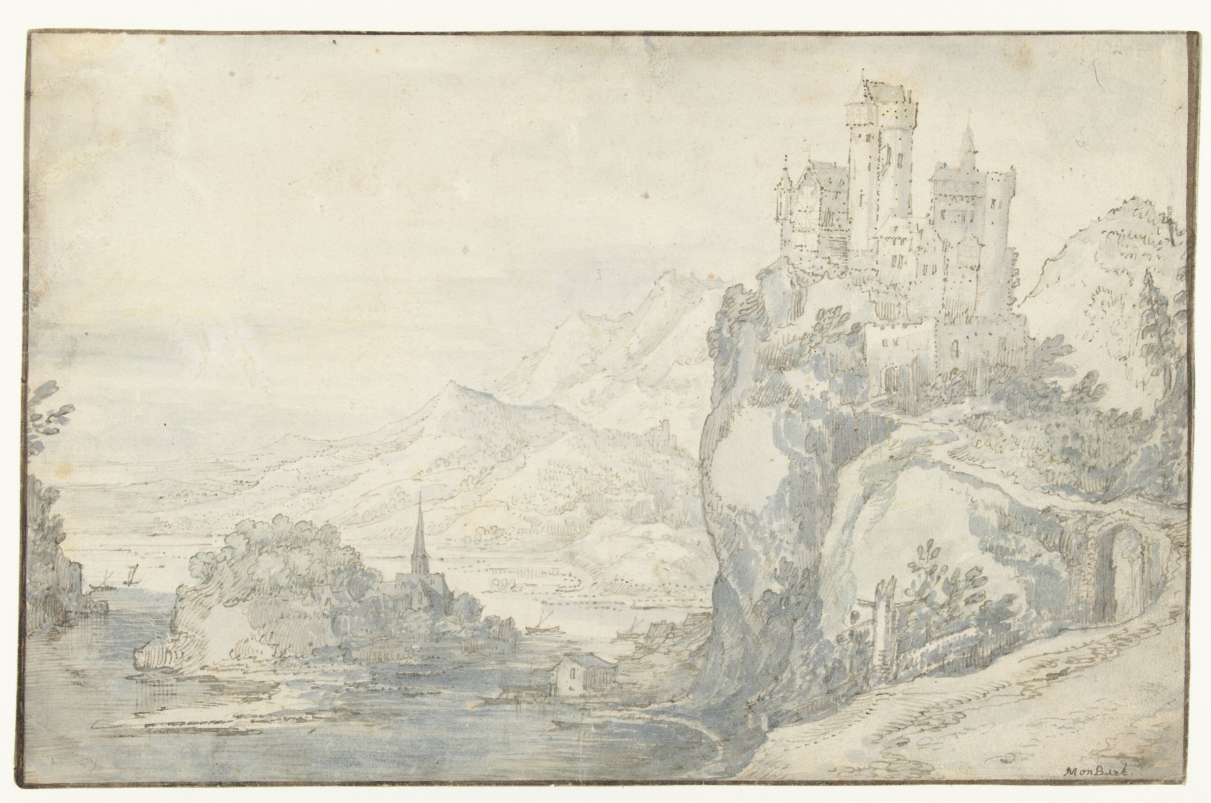Rivierlandschap met een kasteel op een berg