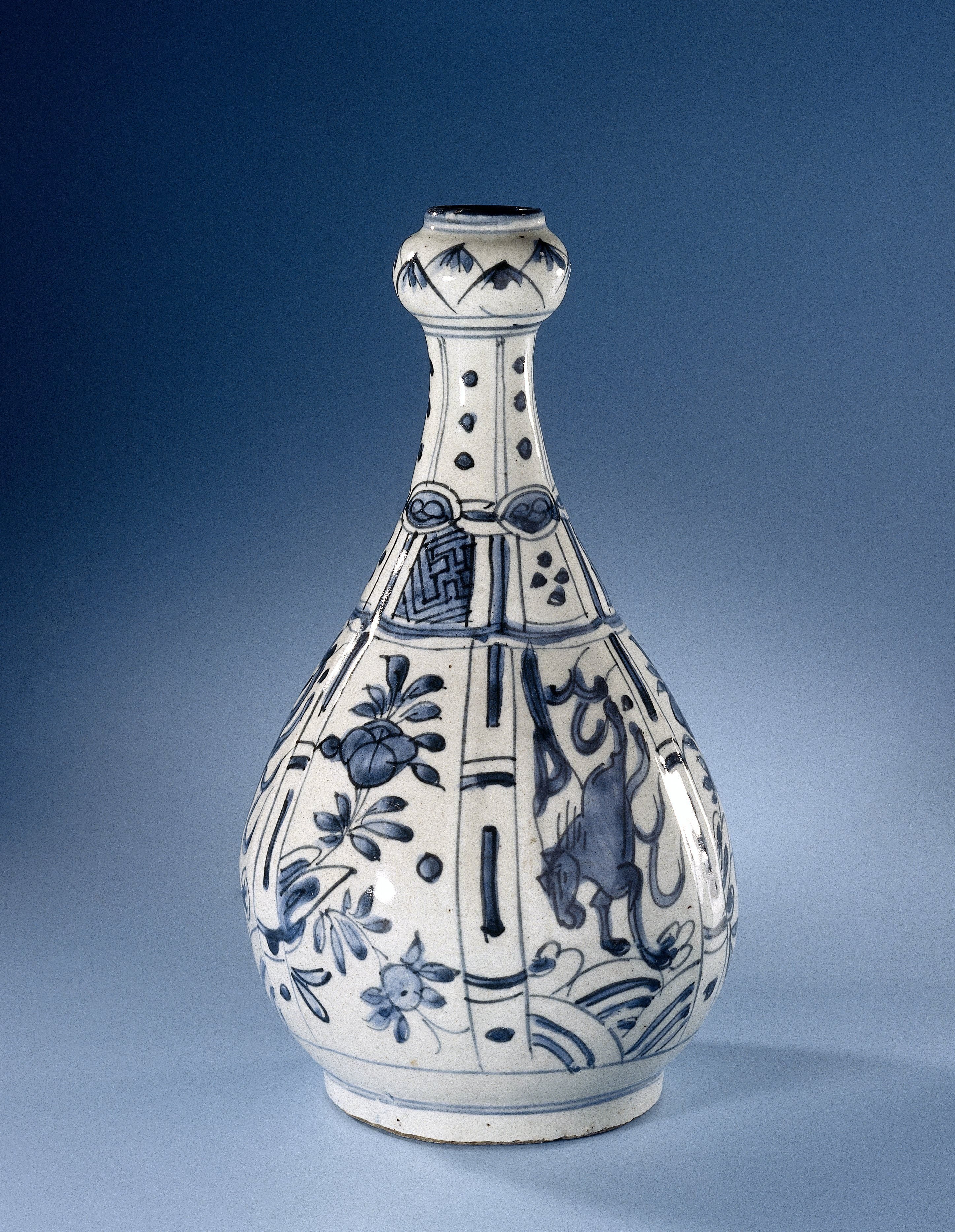 Pear-shaped bottle vase with running horses and flowering plants