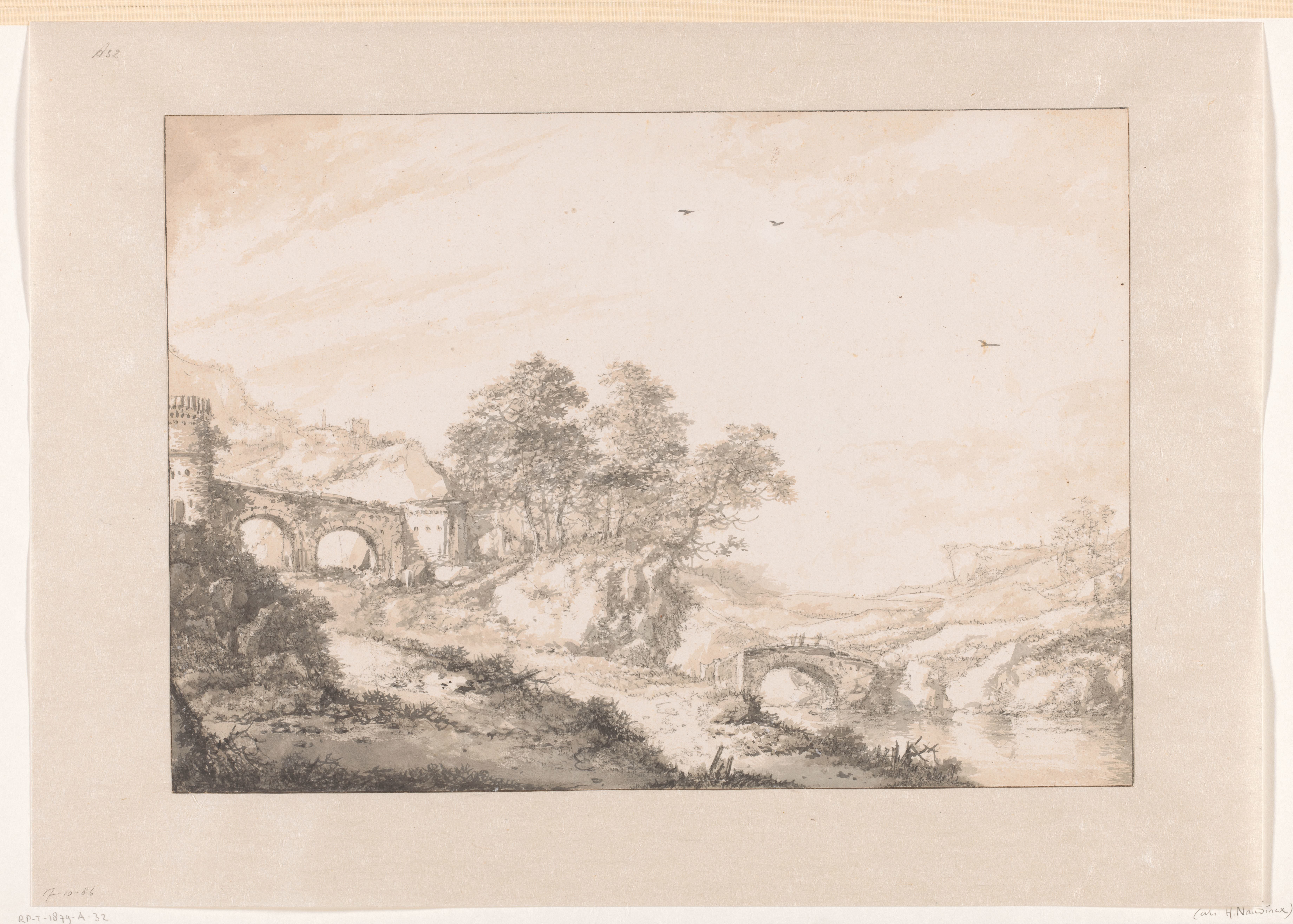 Bergachtig landschap met een stenen brug en muur