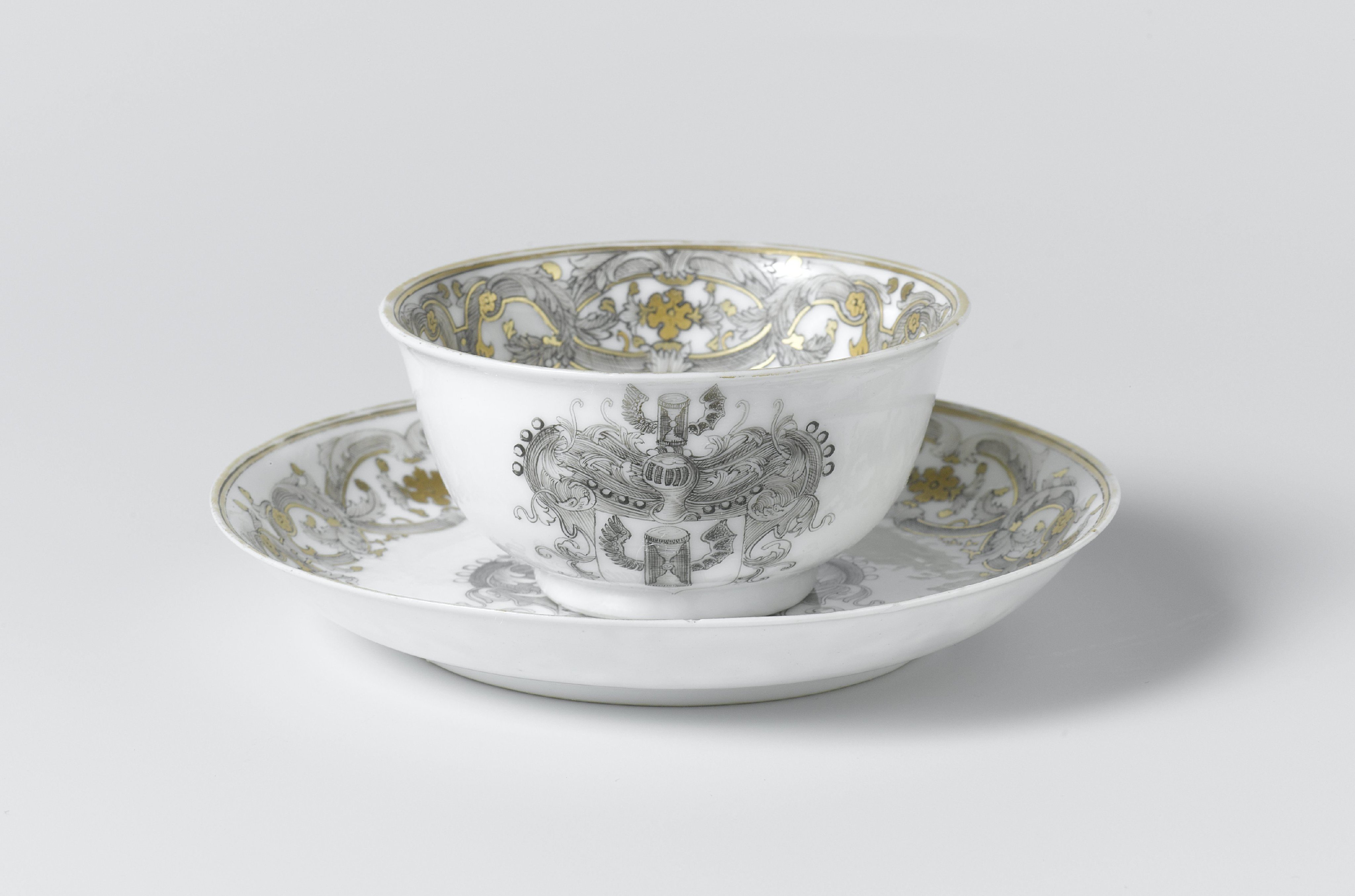 Bell-shaped cup and saucer with the arms of the De Marre family