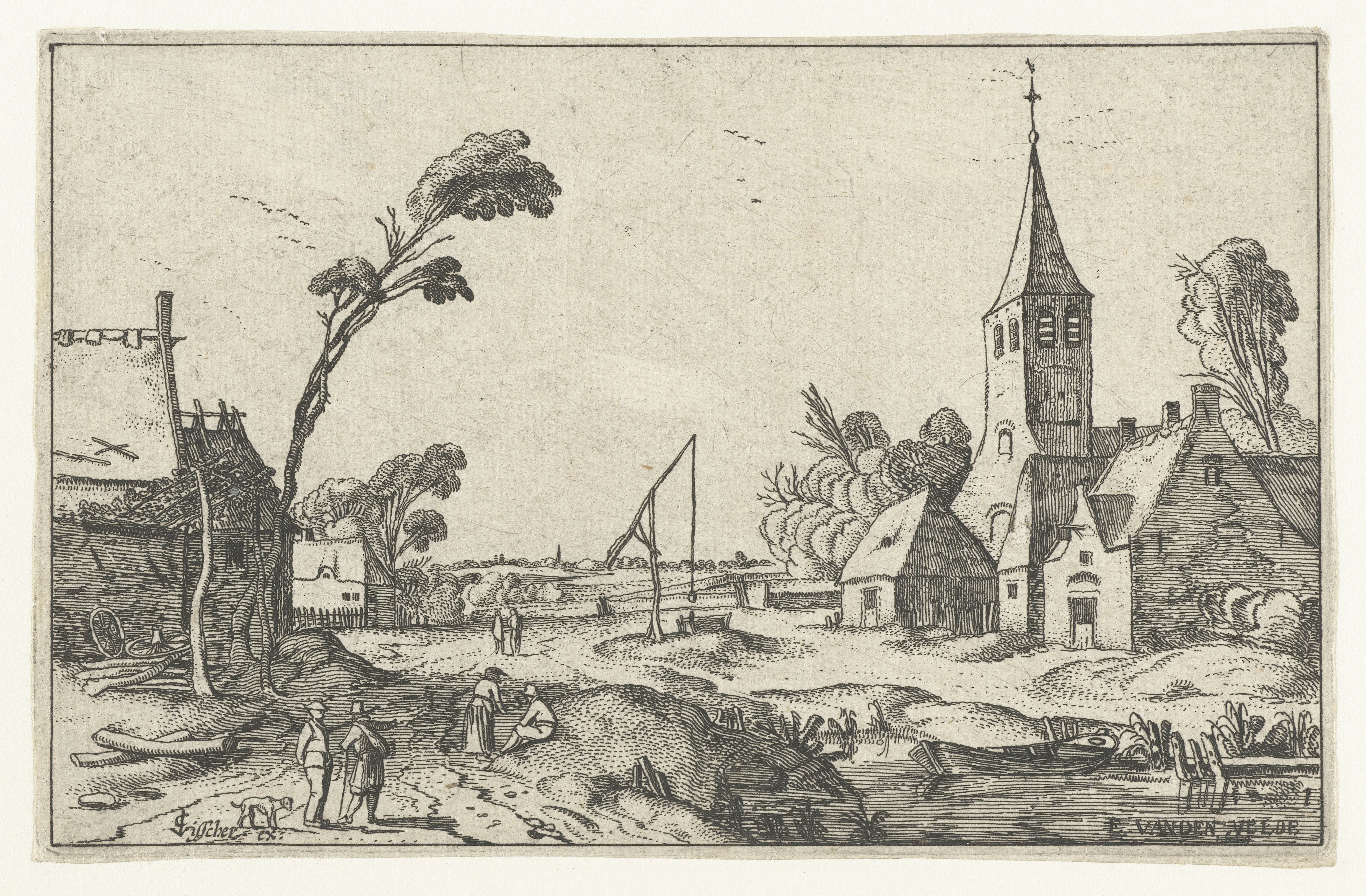 Dorpsgezicht met boerderijen, kerk en een waterput