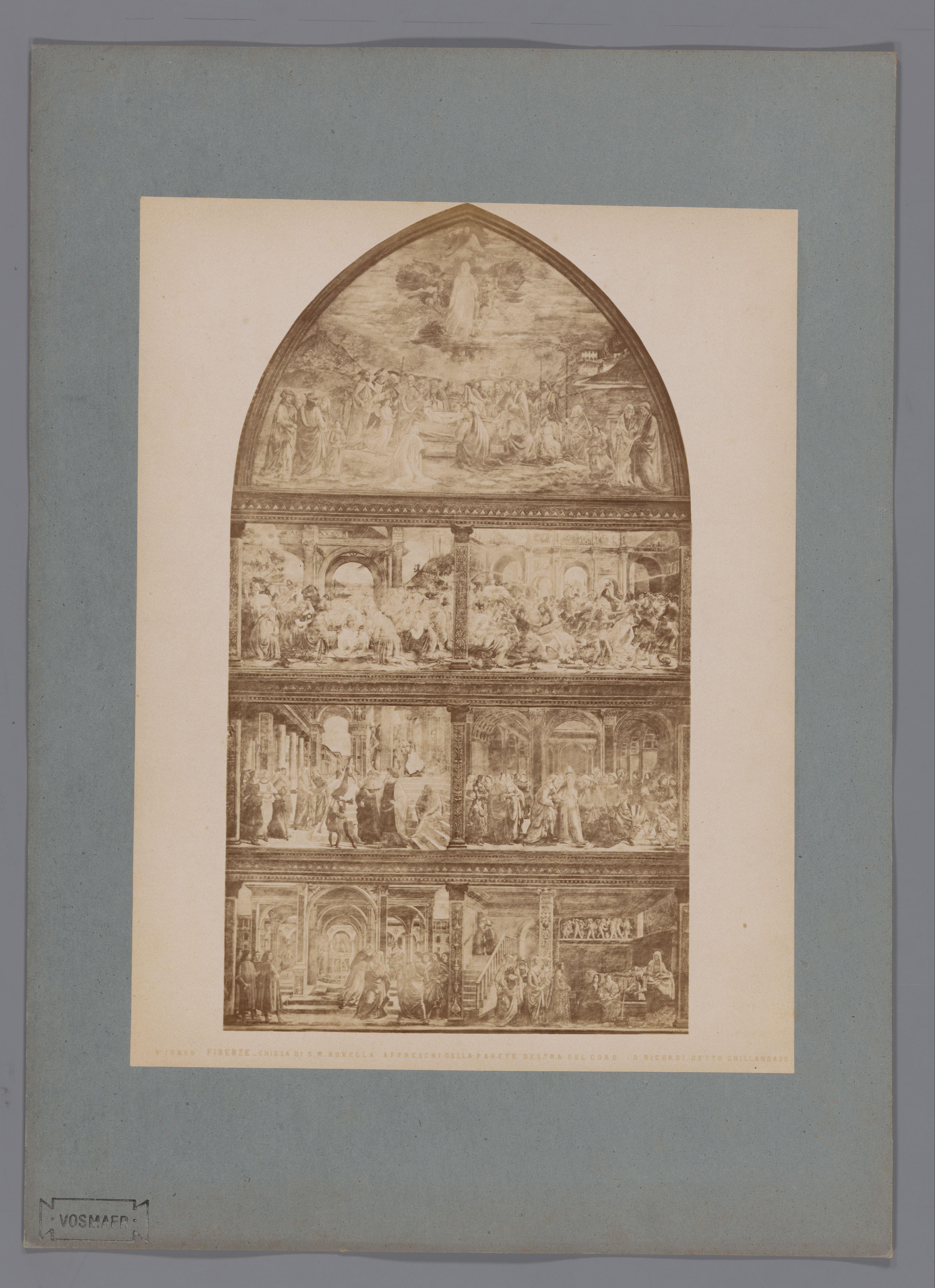 Fotoreproductie van een fresco met scènes uit de levens van Johannes de Doper en Maria naar Domenico Ghirlandaio in de Santa Maria Novella te Florence, Italië