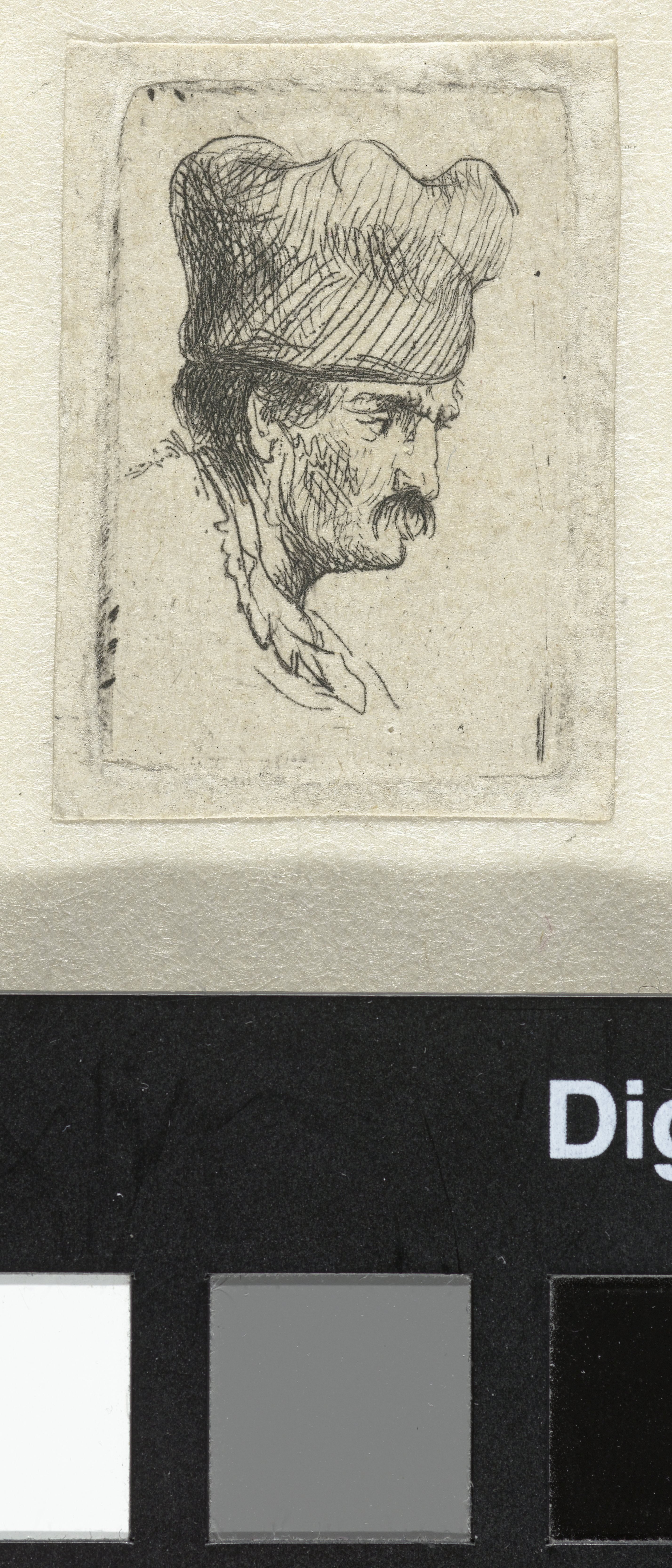 Man in a square cap, in profile right