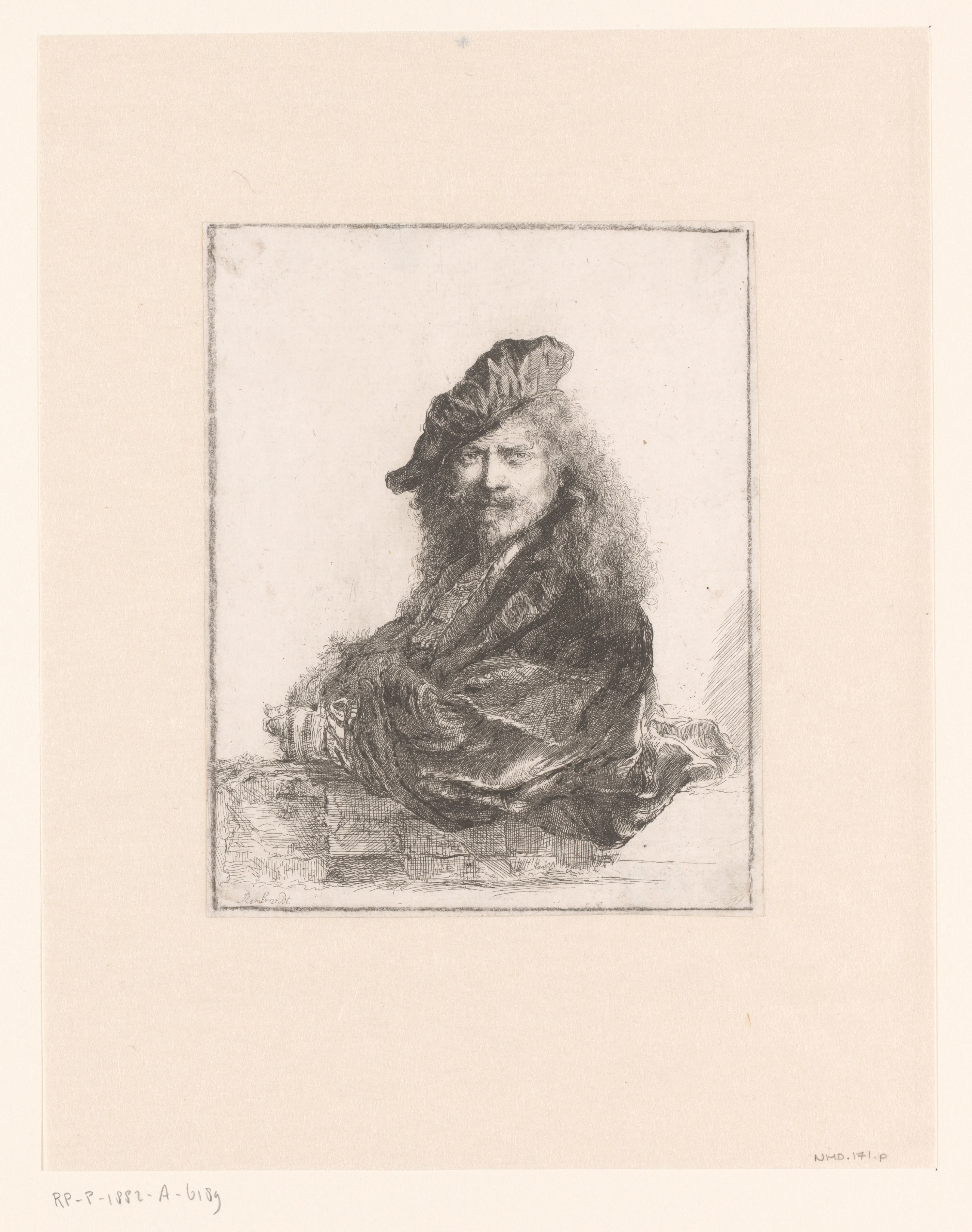 Self-portrait leaning on a stone sill