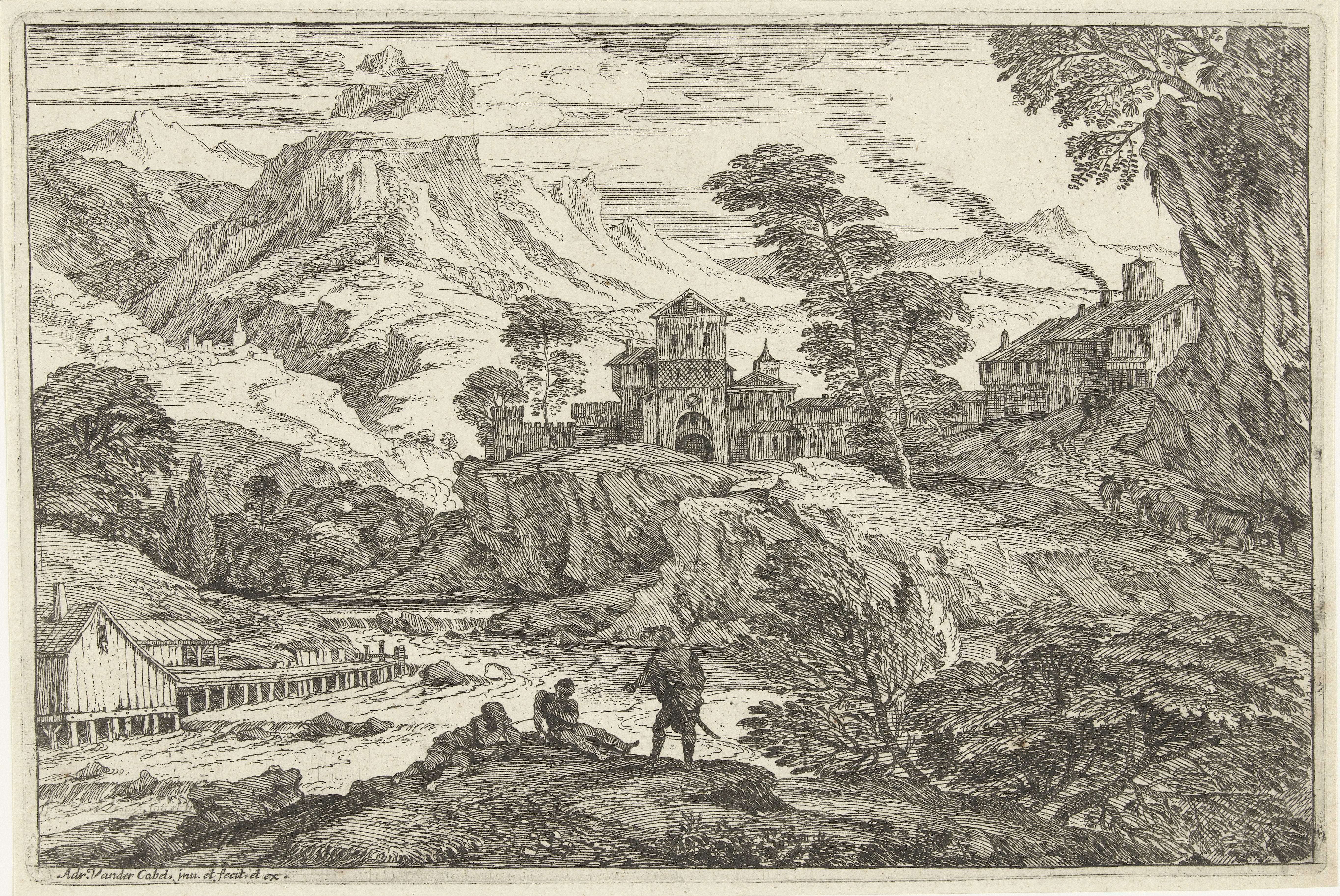 Landschap met drie personen aan rivieroever