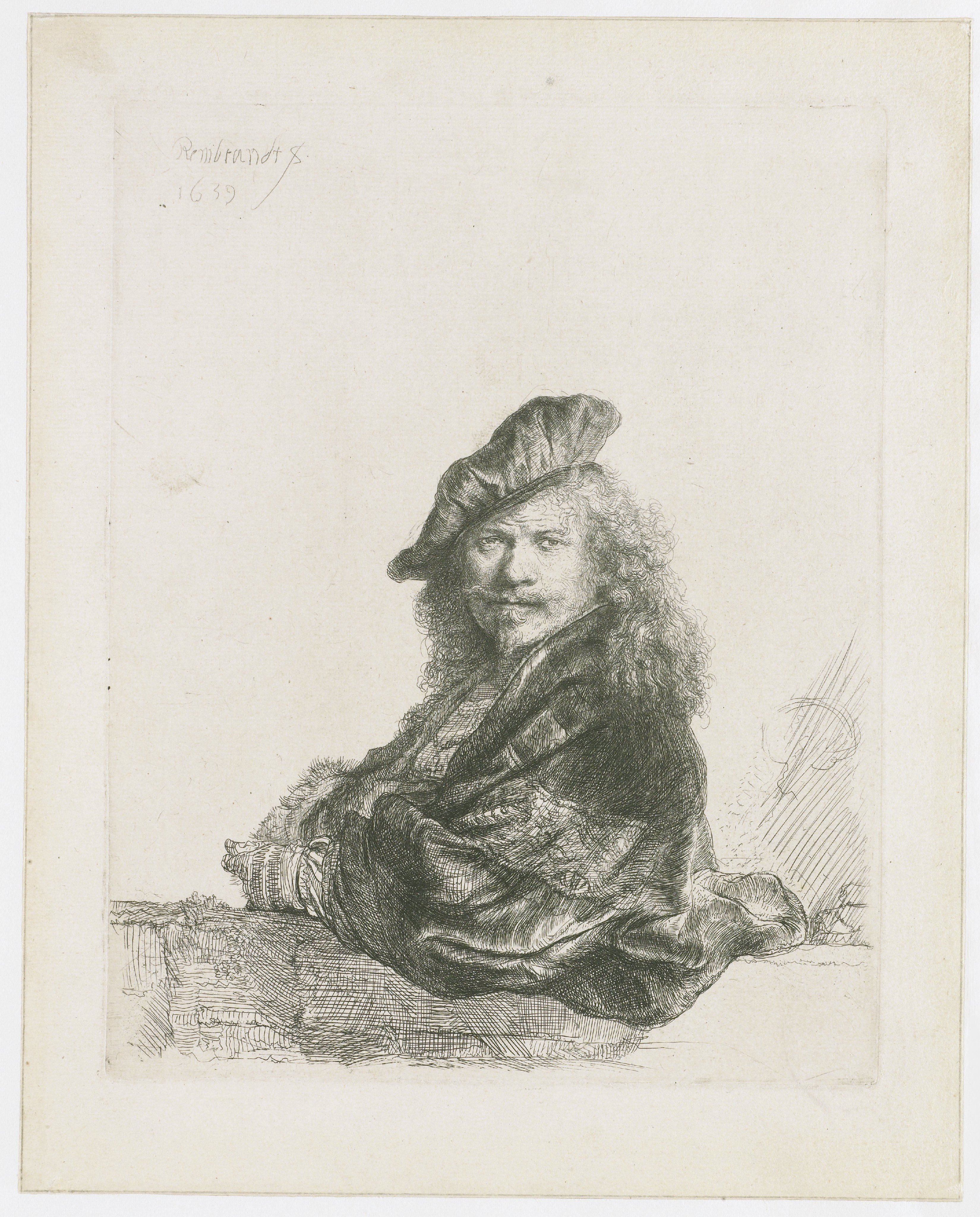 Self-portrait leaning on a stone sill