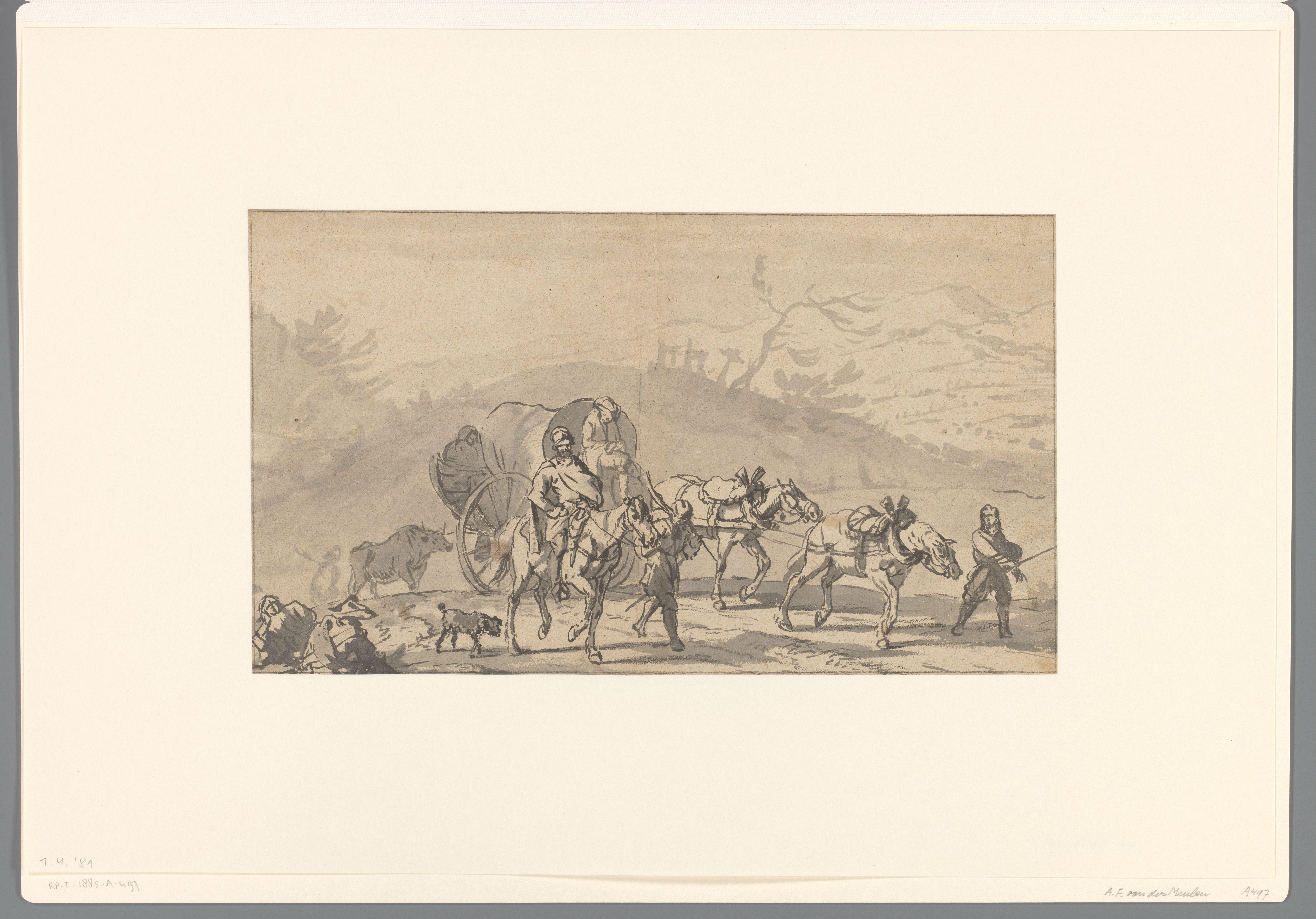 Een met twee paarden bespannen kar in een landschap
