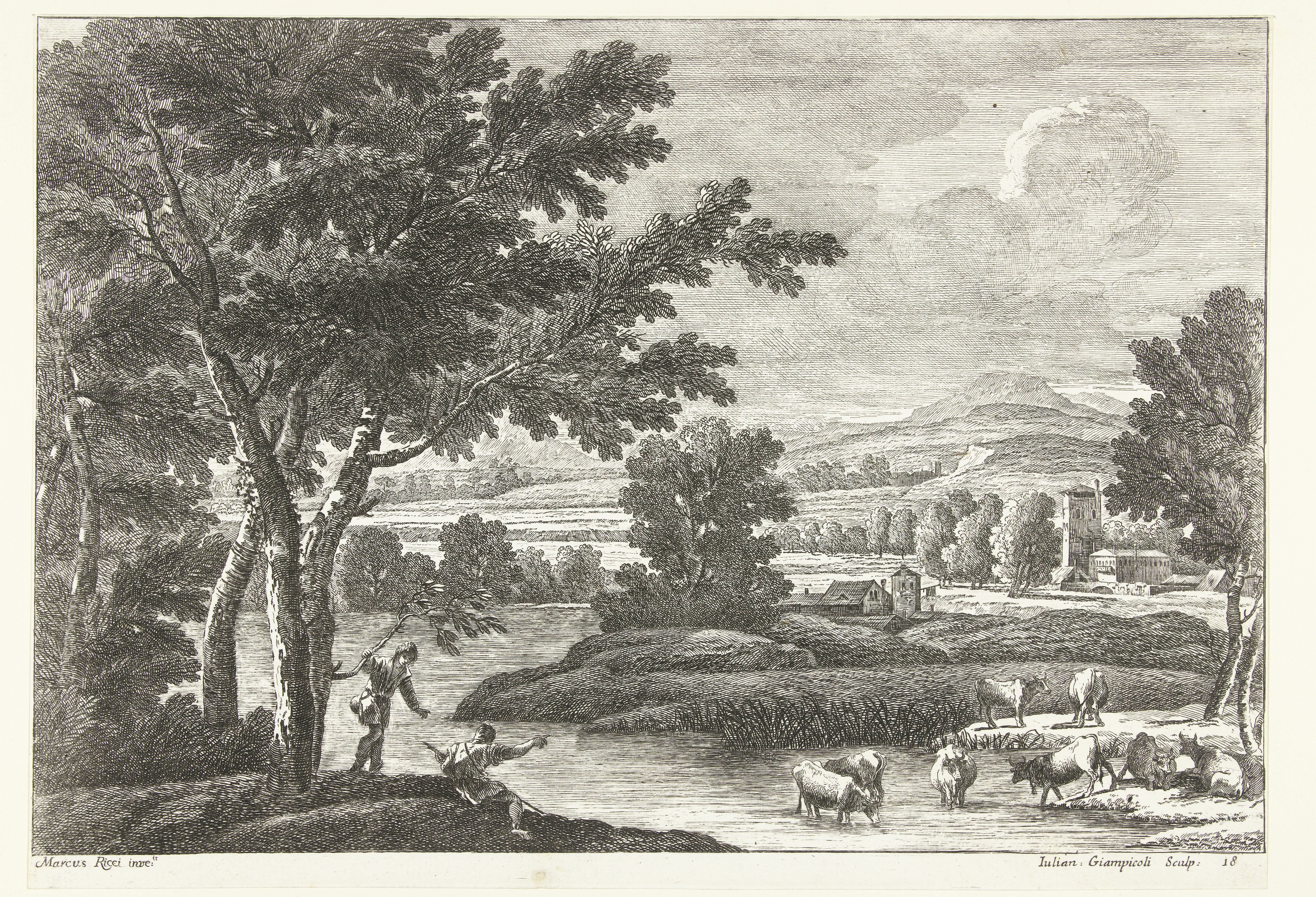 Landschap met herders en vee bij water